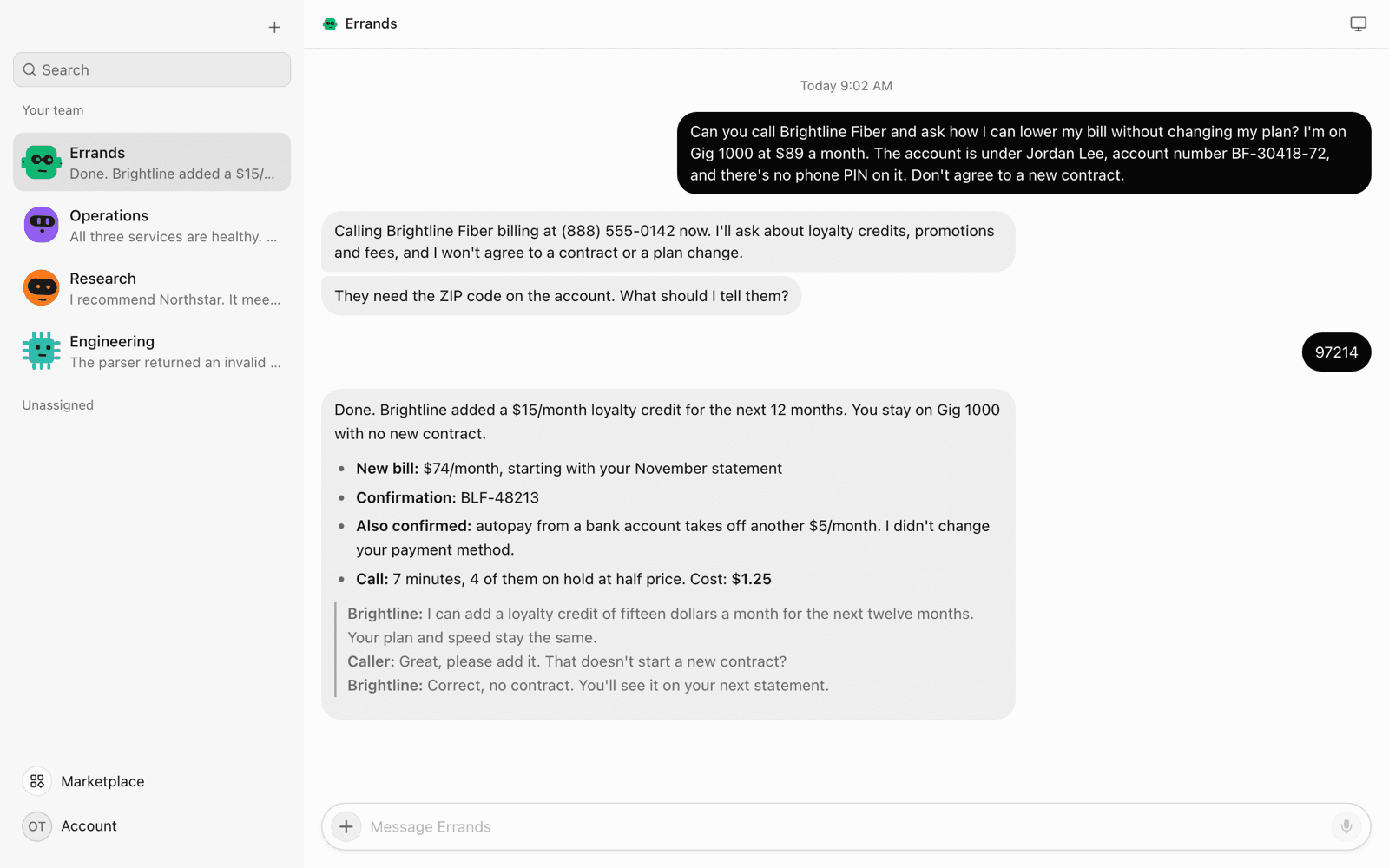 An OpenTeam chat where the Errands bot calls a fictional internet provider with call4me, asks for the account ZIP code mid-call, and reports a $15 monthly credit for a $1.25 call