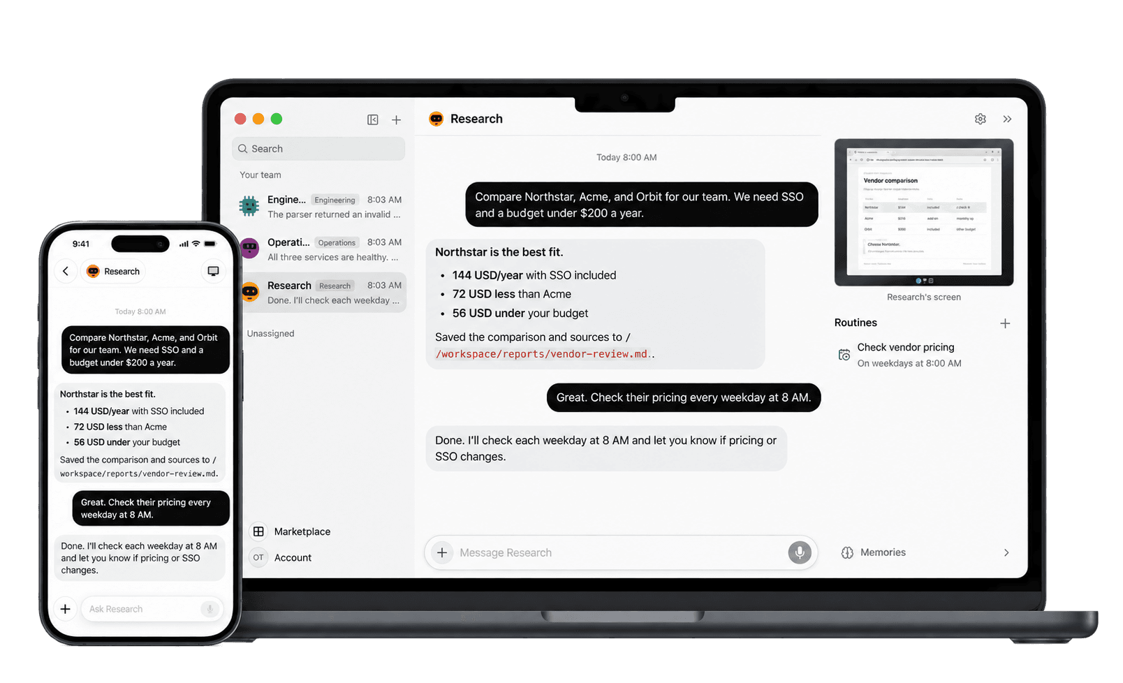 The OpenTeam desktop app and iPhone app showing the same chat with a Research bot that compared three vendors and set up a weekday pricing check