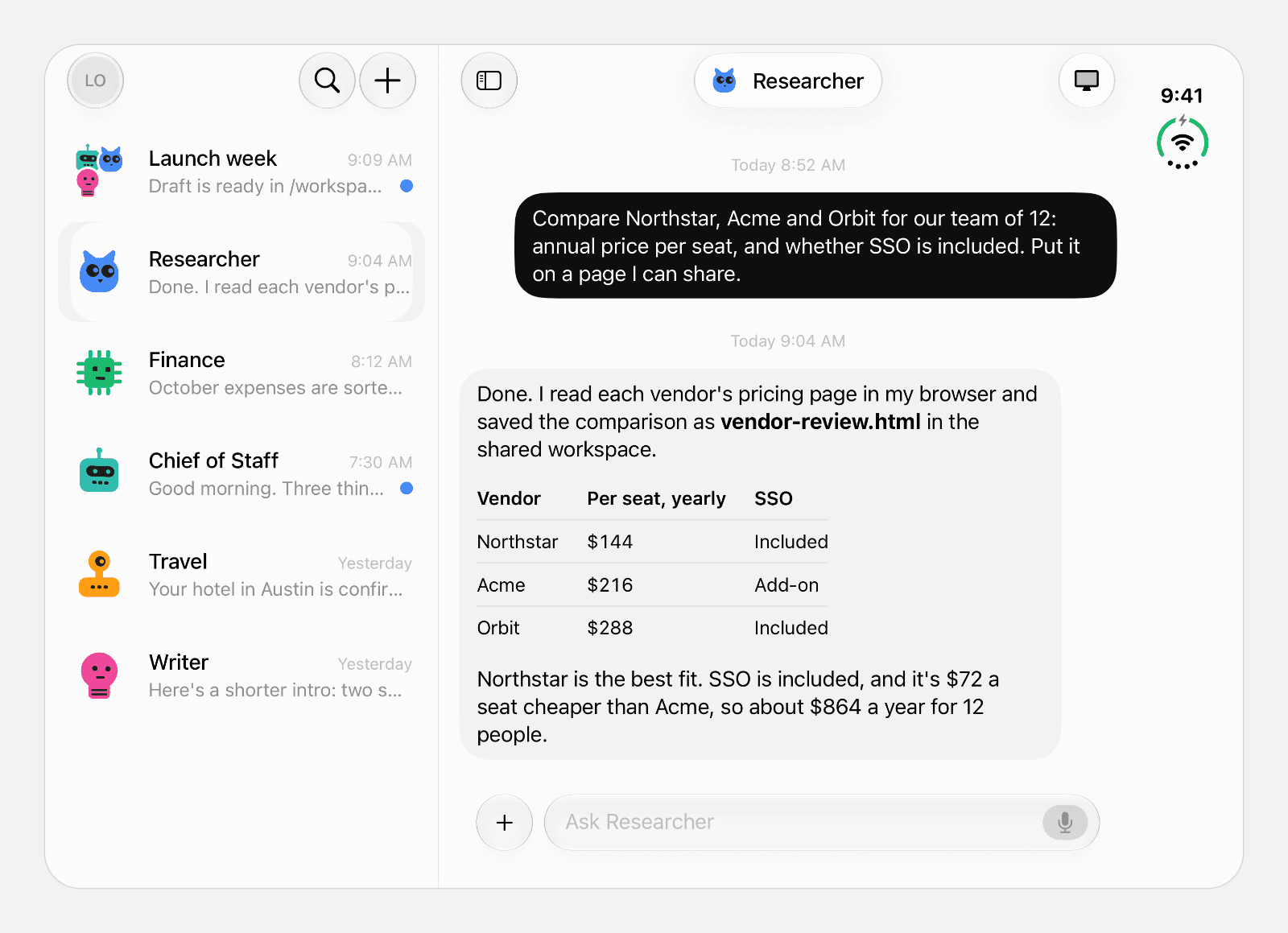 OpenTeam on an unfolded iPhone Duo, with the conversation list beside a Researcher chat that compares three vendors in a table