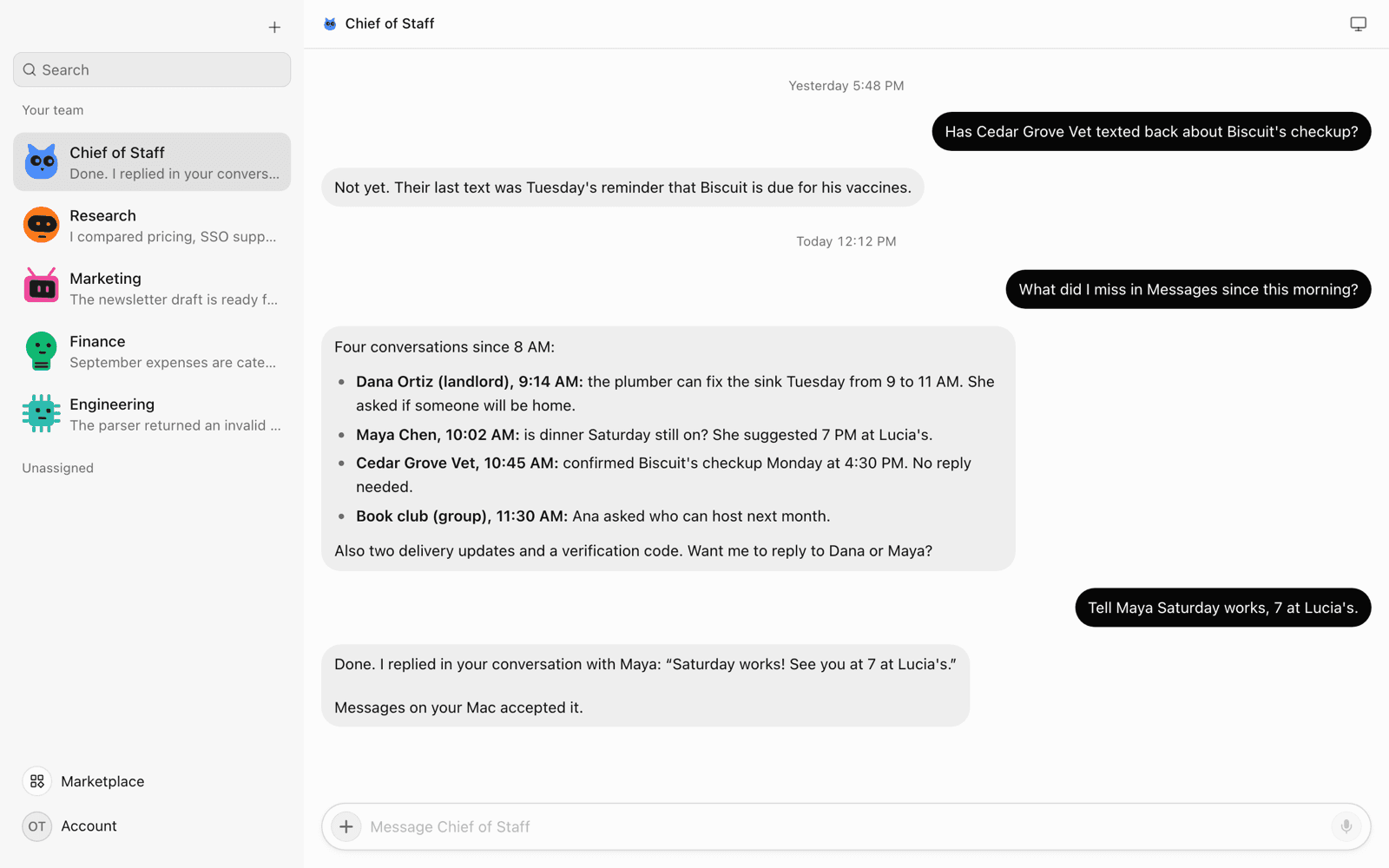 An OpenTeam chat where the Chief of Staff bot summarizes four Messages conversations from the morning, then replies to Maya in her existing conversation that Saturday at 7 at Lucia's works