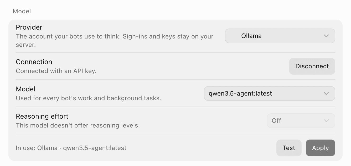 OpenTeam's Model settings with Ollama as the provider, the model qwen3.5-agent:latest, reasoning effort Off, and Test and Apply buttons
