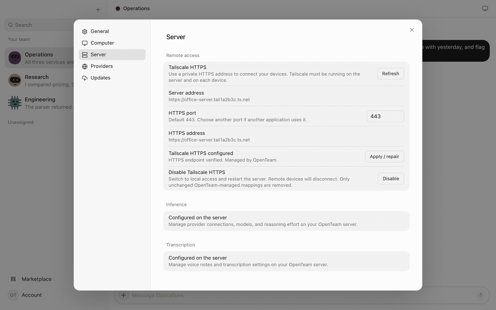 OpenTeam desktop settings open on Server, with the Remote access section showing Tailscale HTTPS configured at https://office-server.tail1a2b3c.ts.net