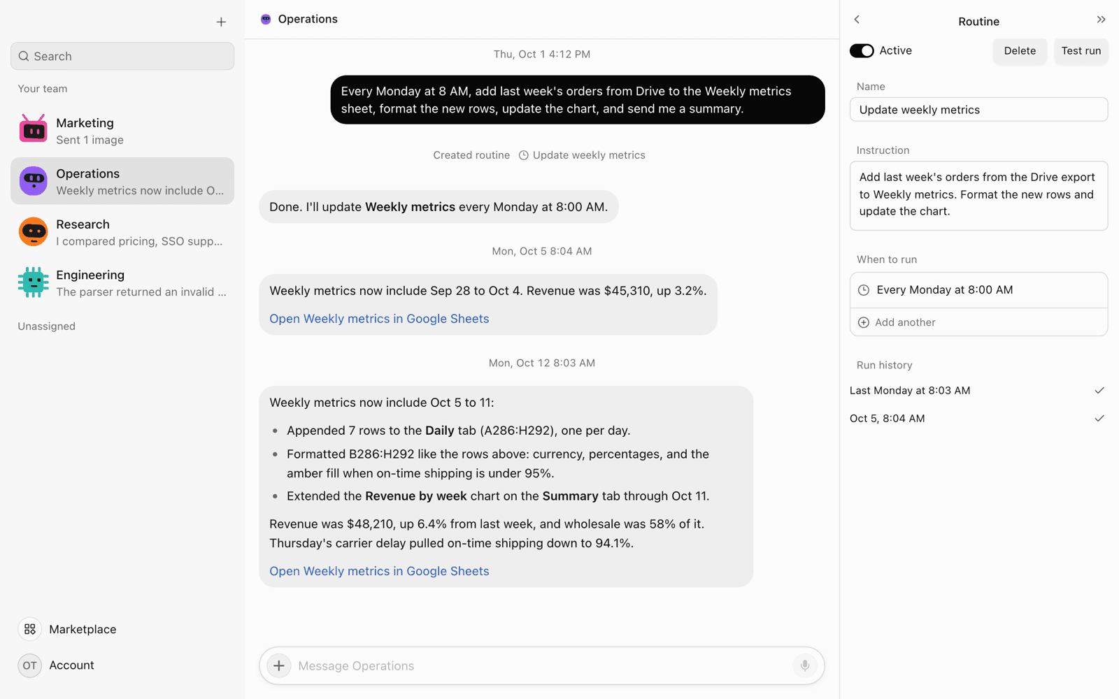 An OpenTeam chat in which the Operations bot reports its weekly update to a Google Sheet called Weekly metrics, with its Update weekly metrics routine open beside it, set to run every Monday at 8:00 AM