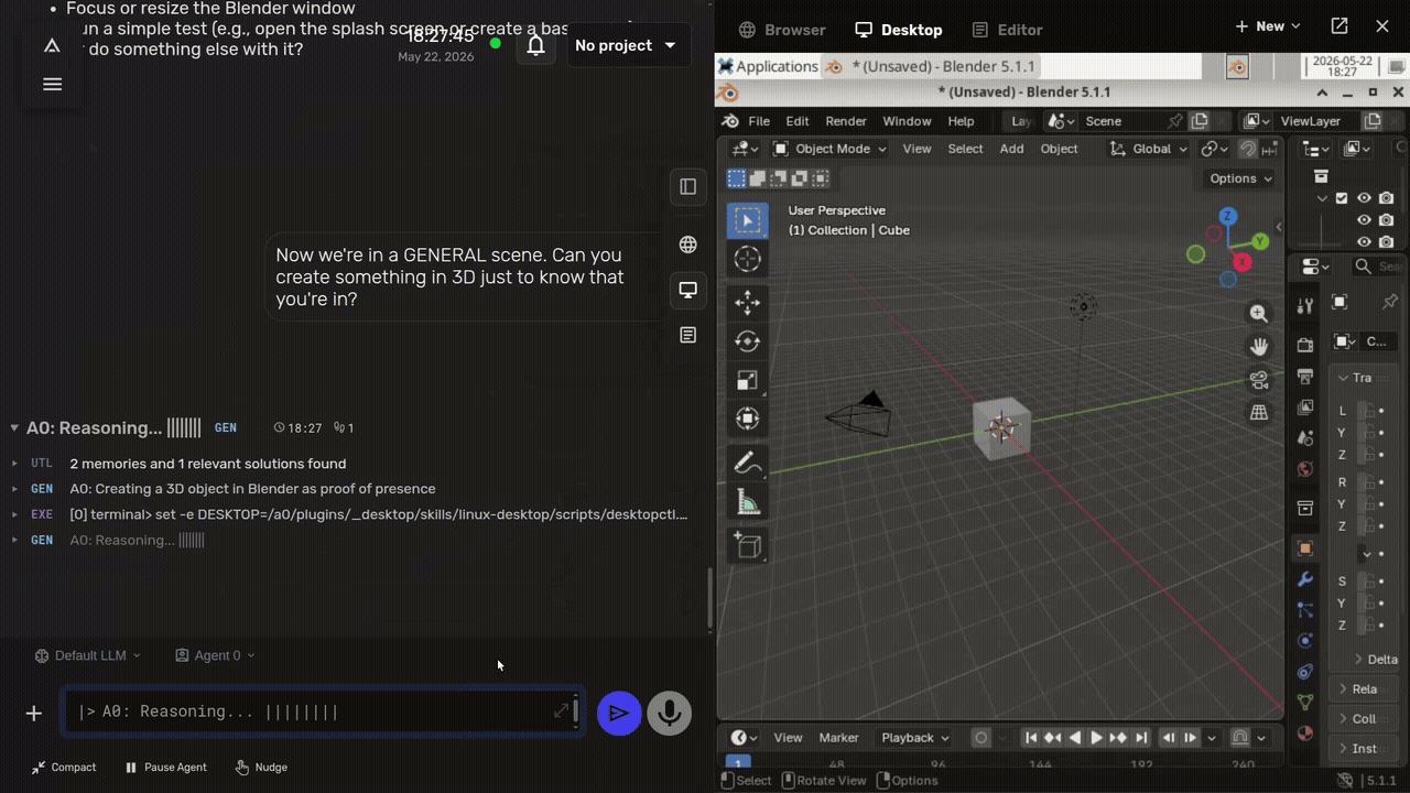 Agent Zero's web UI with the agent's steps on the left and its own Linux desktop running Blender on the right