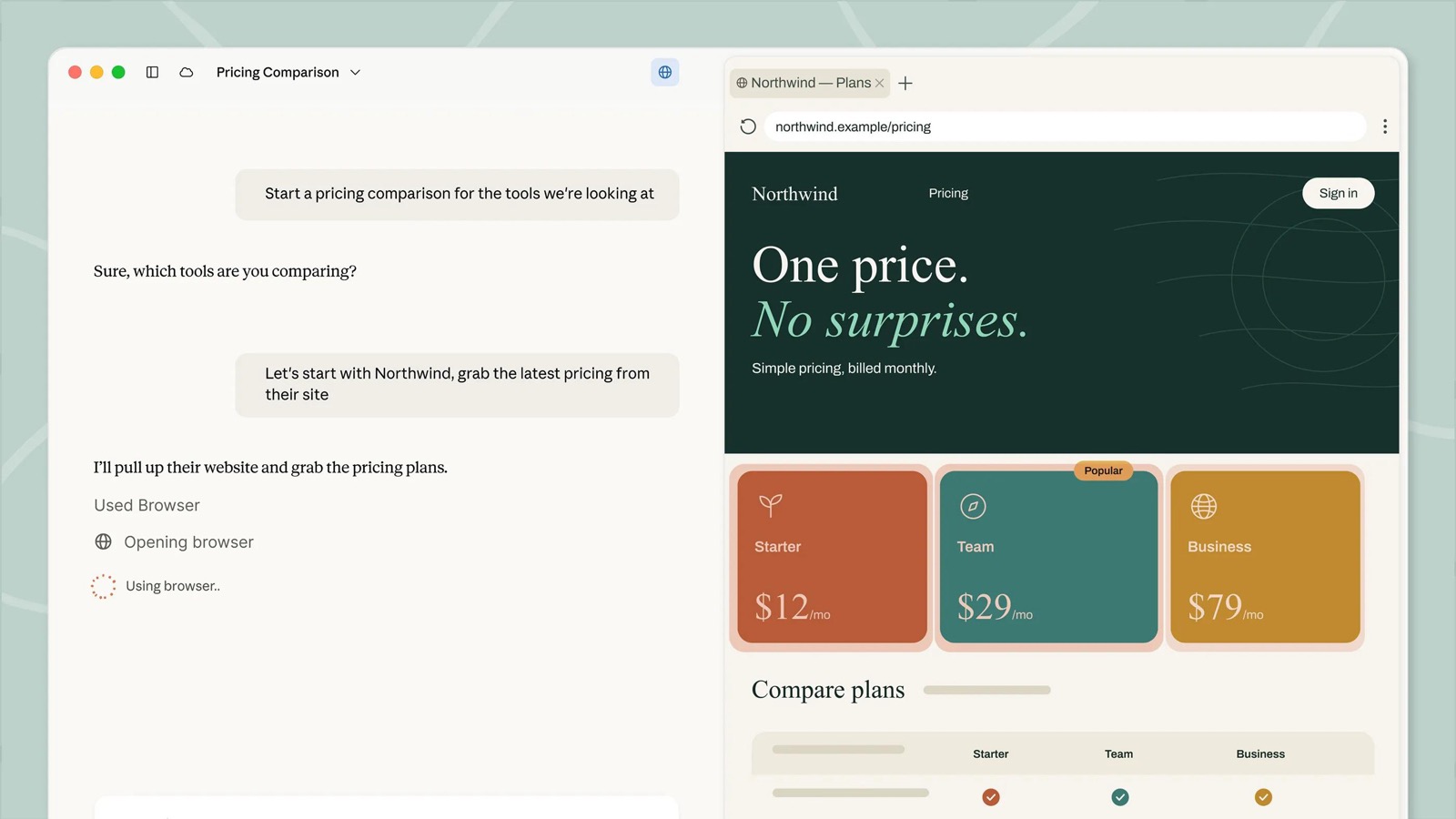 Claude Cowork's chat on the left and a browser panel on the right, where Claude reads a pricing page