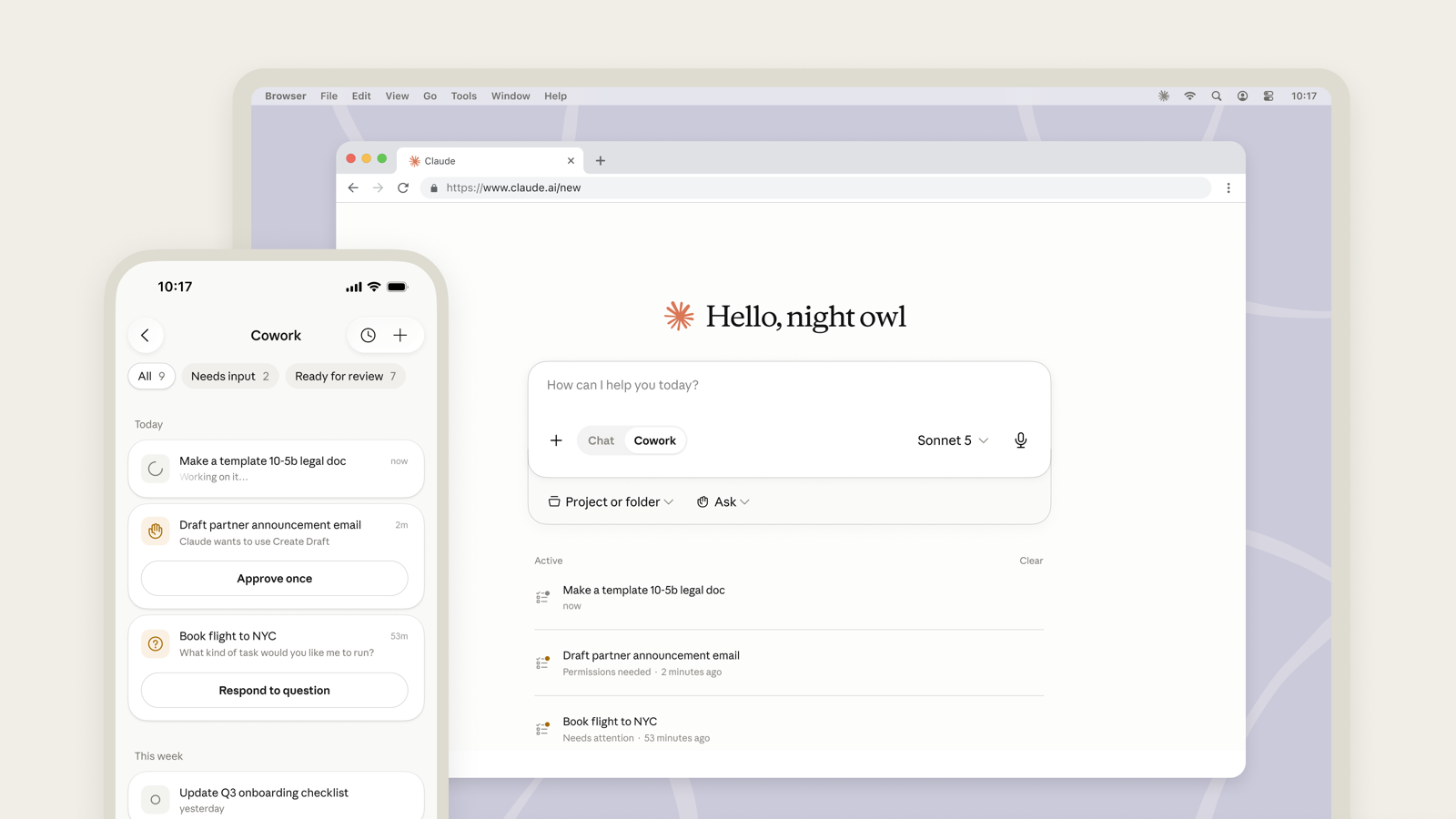 Claude Cowork on the web and on a phone, with one task waiting for approval and another asking a question