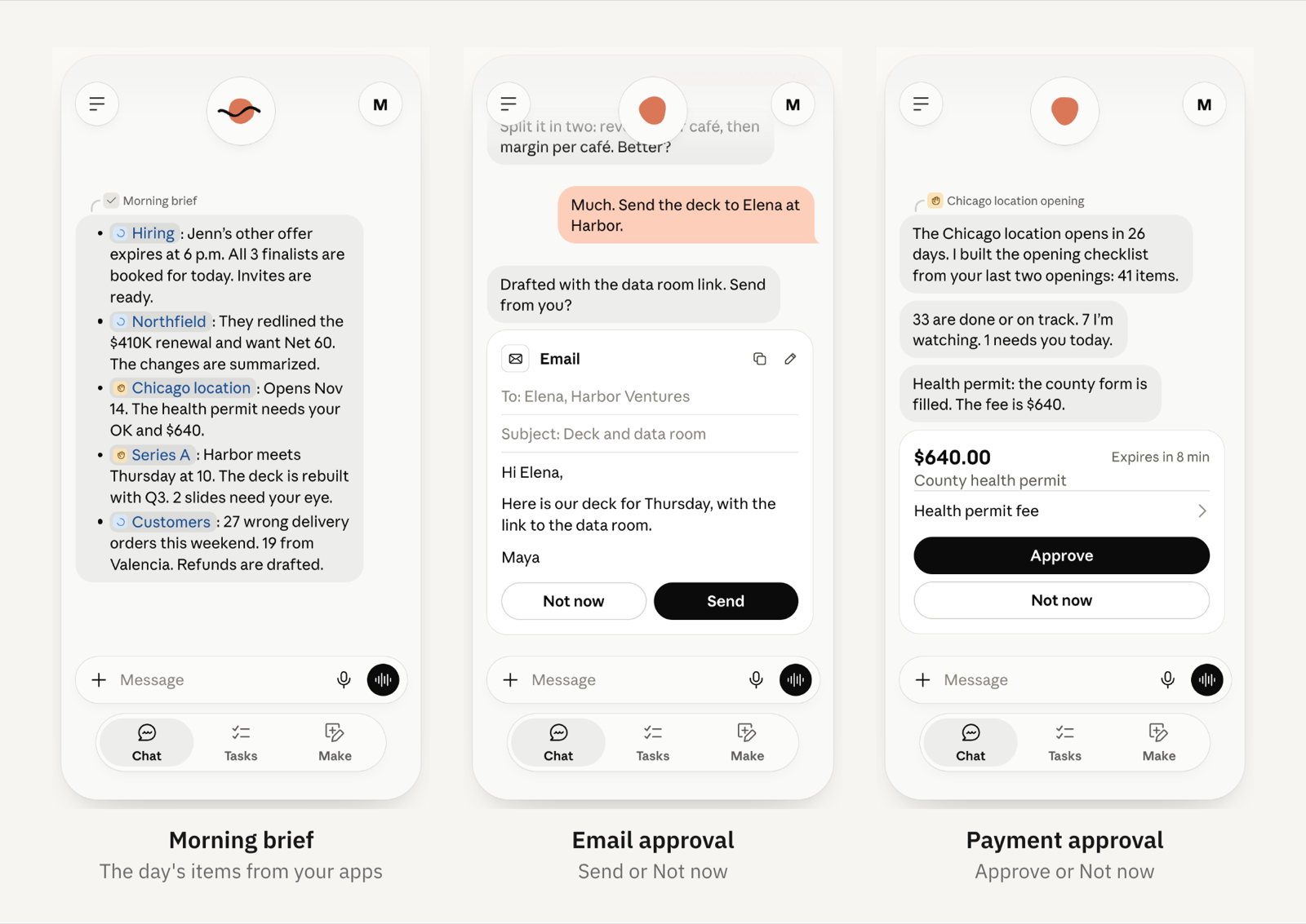 Three Claude Duet phone screens from Anthropic's product page: a morning brief listing hiring, a contract renewal, a permit and a fundraising meeting; an email draft with Send and Not now; and a $640 permit payment with Approve and Not now