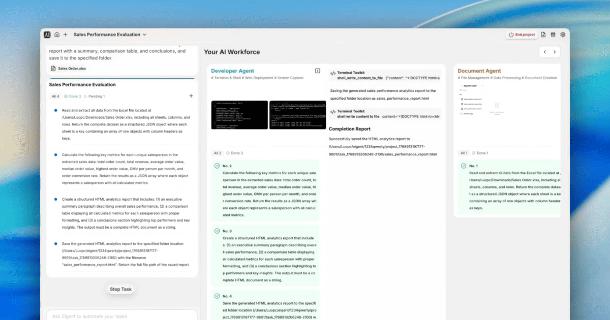 Eigent's AI Workforce view, with a task plan on the left and Developer Agent and Document Agent columns working in parallel
