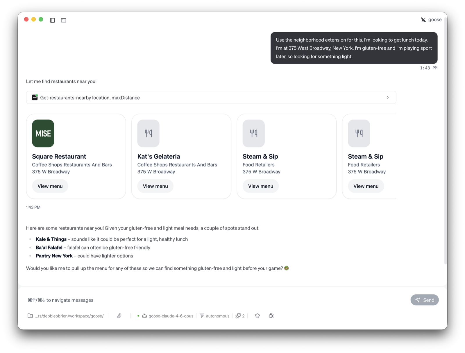 The goose desktop app with a tool call rendering restaurant results as cards, and a status bar showing the model and autonomous mode