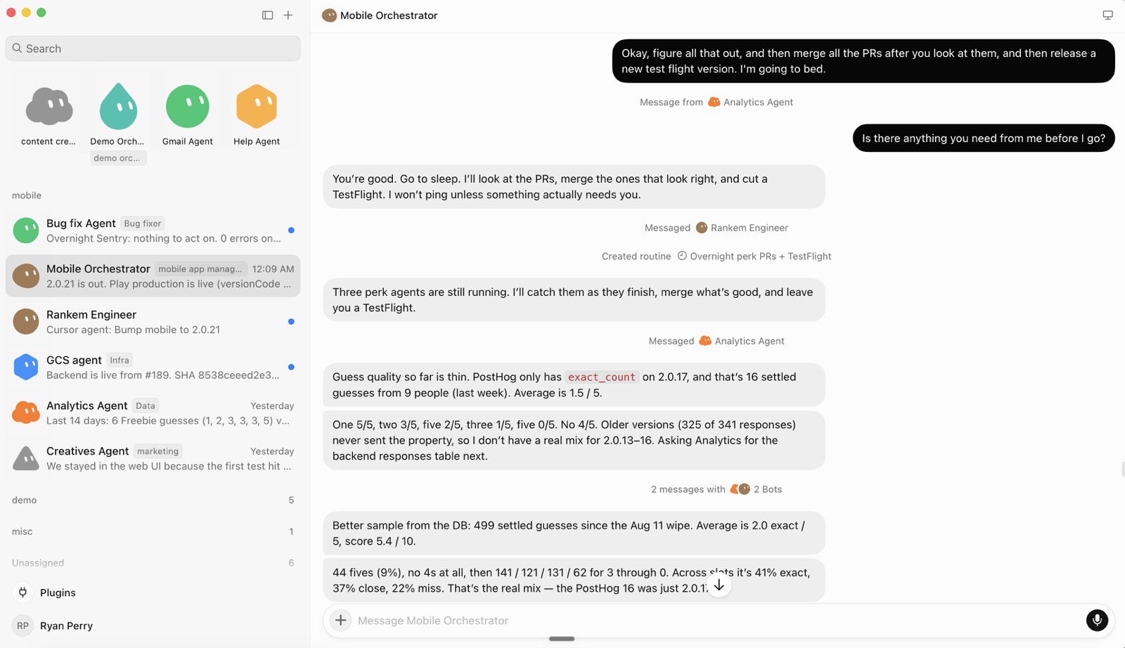 The Grok Bot desktop app showing an orchestrator bot messaging other bots and creating a routine, with a sidebar list of specialist bots