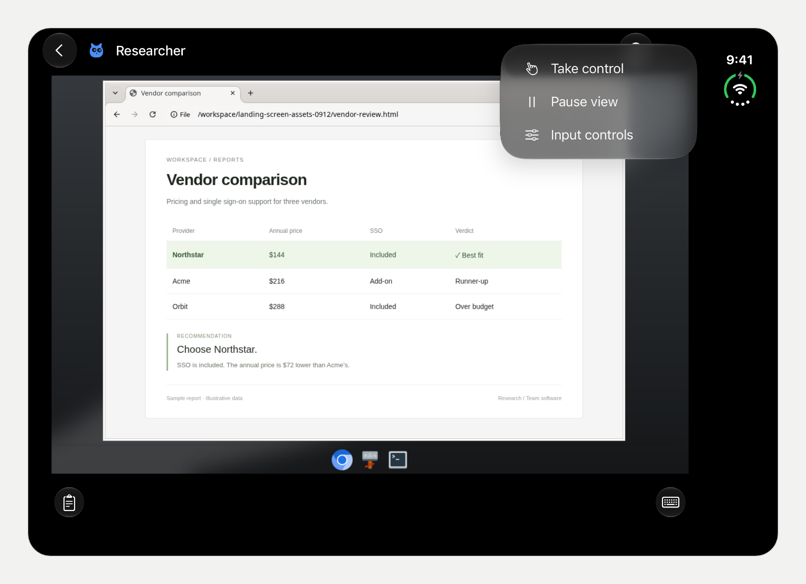 A bot's Linux desktop full-screen on an unfolded iPhone Duo, showing a vendor comparison page in Chromium, with a menu open offering Take control, Pause view and Input controls, and clipboard and keyboard buttons below