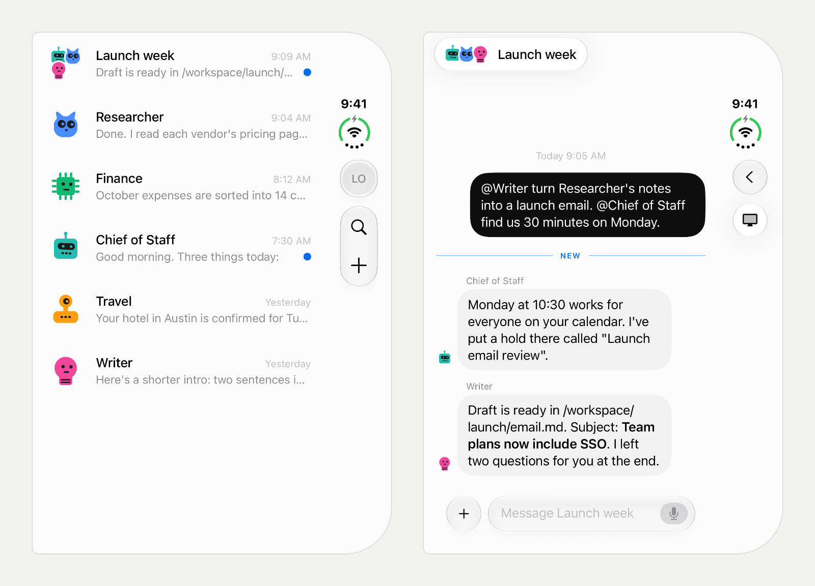 Two OpenTeam screens on a folded iPhone Duo. Left: the conversation list, with the account, search and new buttons in the strip under the clock and unread dots on Launch week and Chief of Staff. Right: the Launch week group chat, where Chief of Staff books a Monday review and Writer reports a draft email, with Back and Computer buttons in the strip