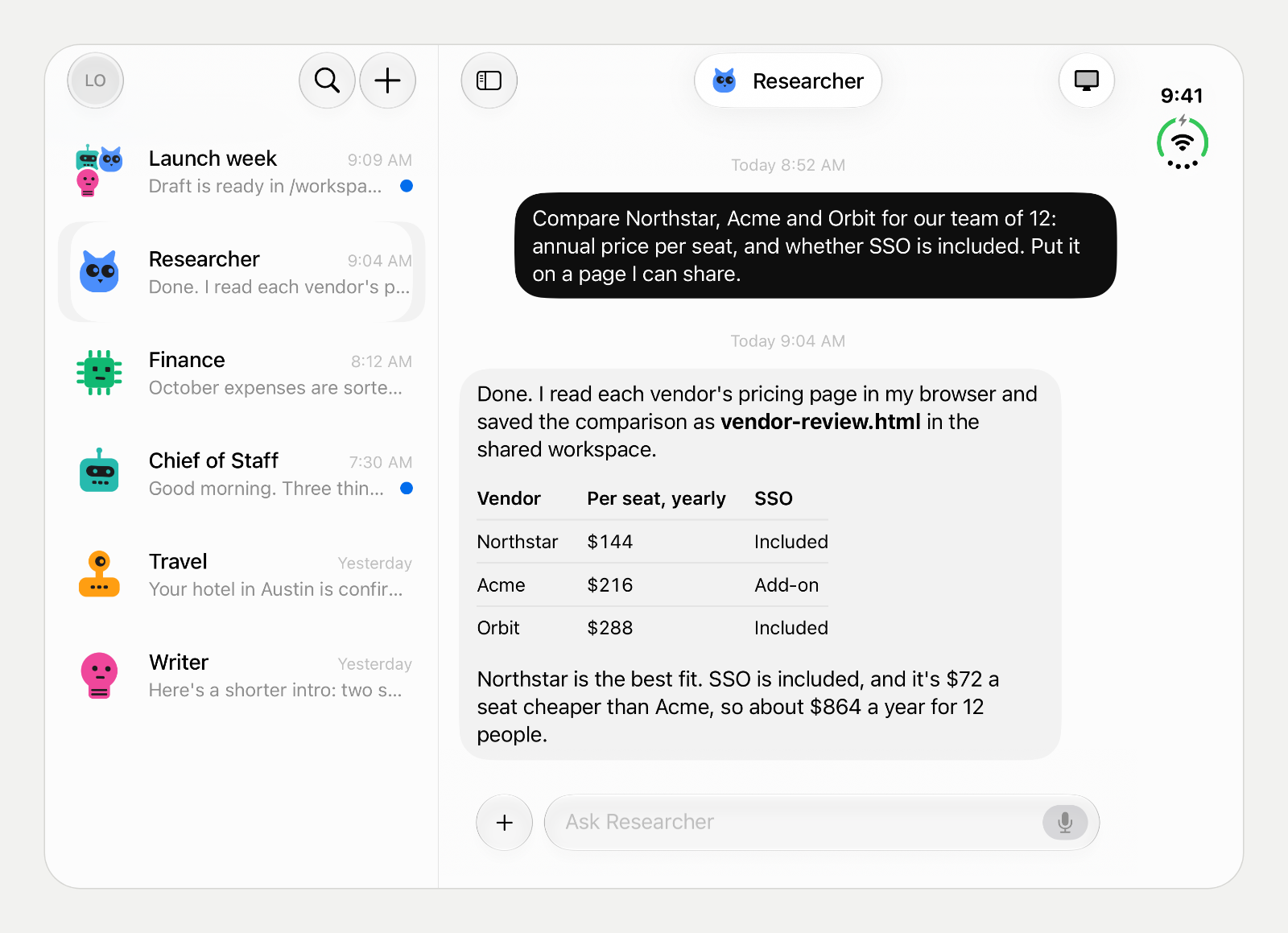 OpenTeam on an unfolded iPhone Duo: the conversation list with Launch week, Researcher, Finance, Chief of Staff, Travel and Writer on the left, and the Researcher chat on the right, where the bot compares Northstar, Acme and Orbit on price per seat and SSO