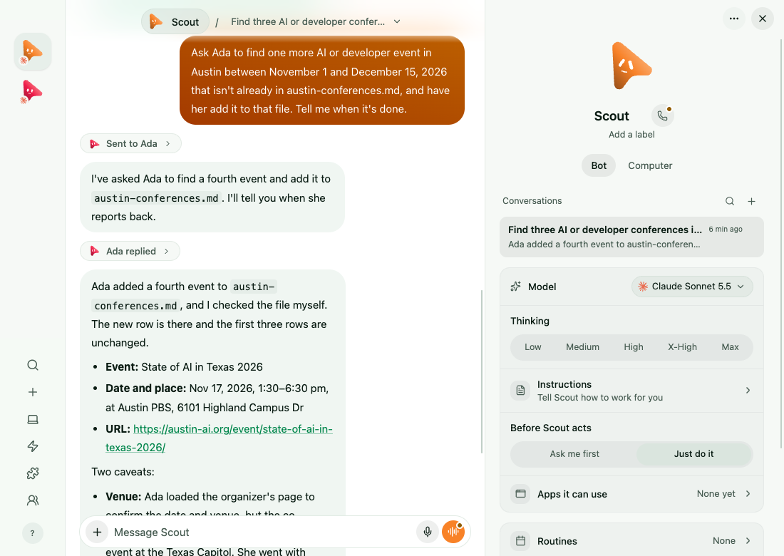MausBot's chat with Scout showing the handoff request, a Sent to Ada marker, an Ada replied marker and Scout's summary of the fourth event, with a side panel set to Claude Sonnet 5.5 and Just do it