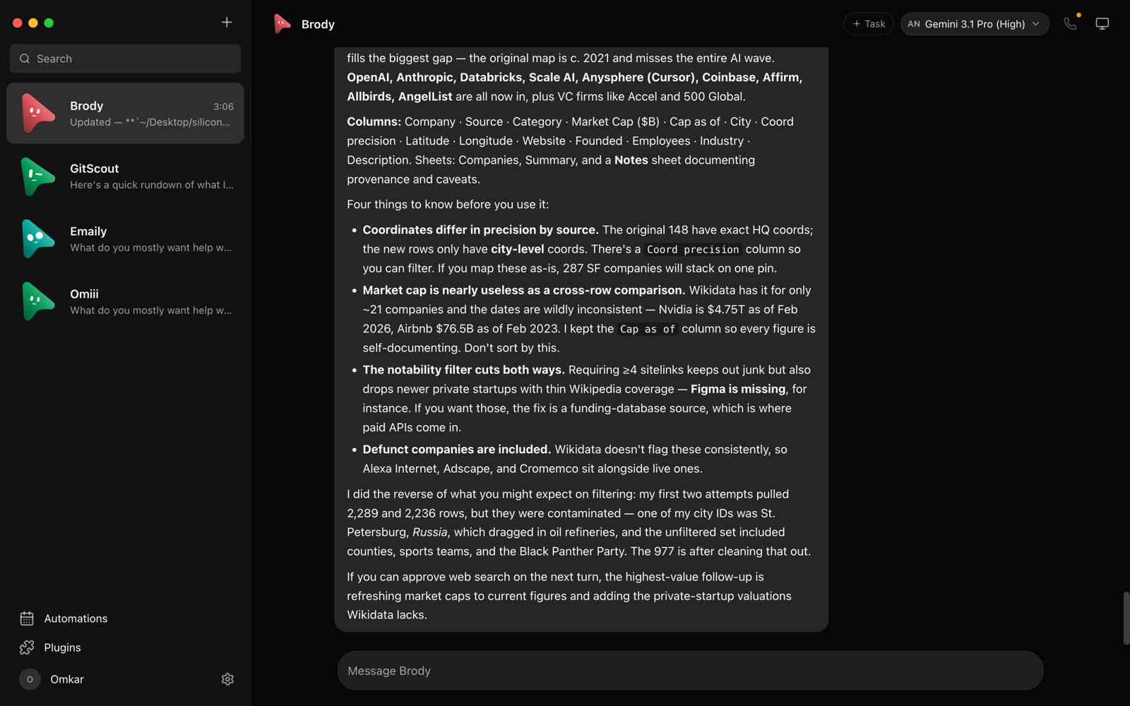 MausBot's chat app, where every chat in the sidebar is its own AI bot and one bot's report is open