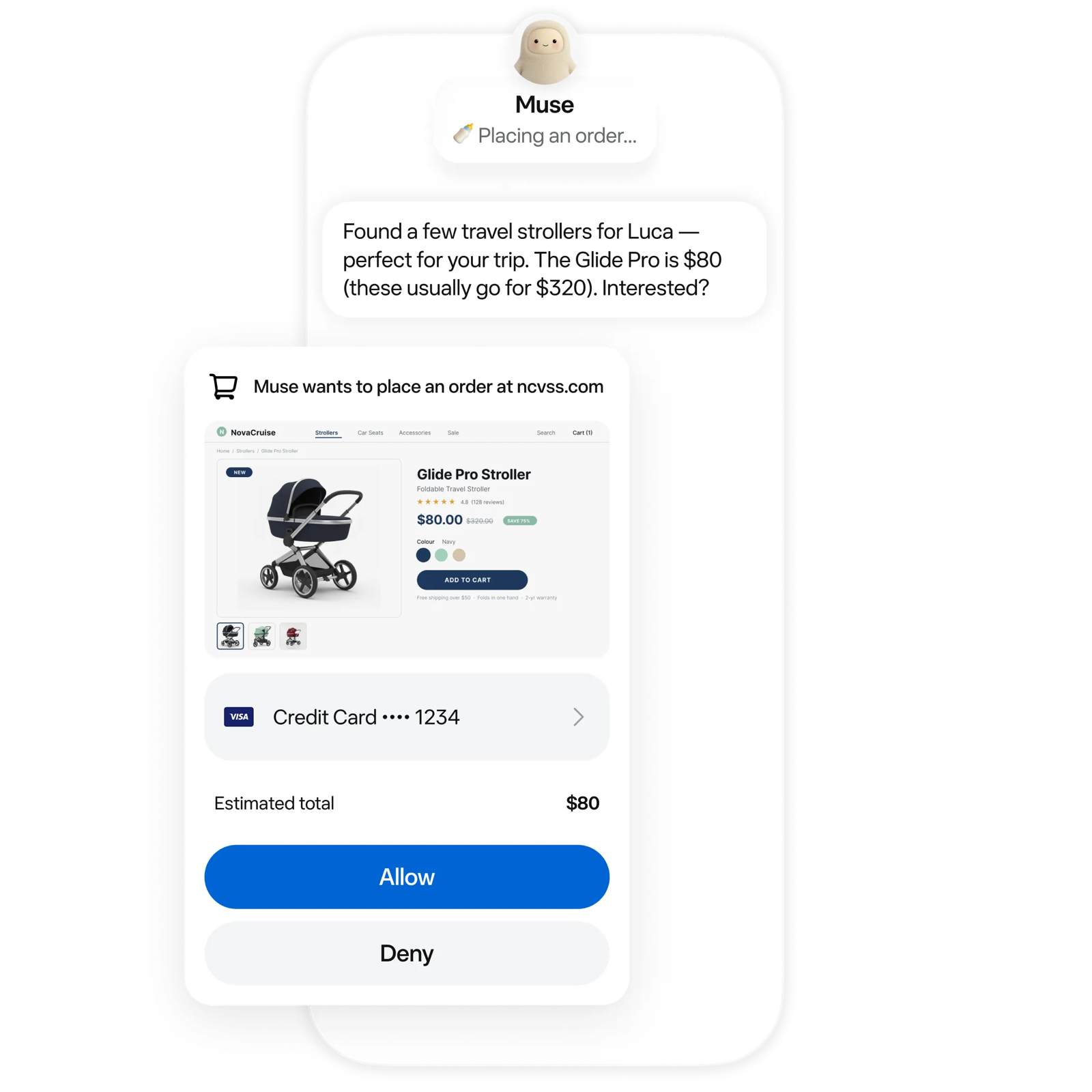 Muse chat in which the agent asks the user to allow or deny an $80 order, with the card and total shown