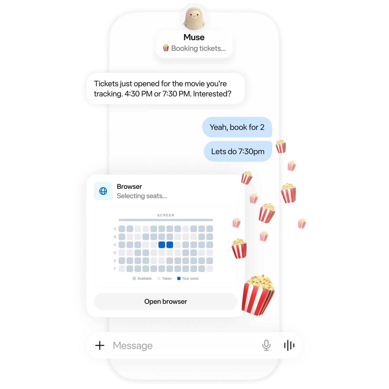 Muse chat showing the agent selecting cinema seats in its own browser after the user says book for 2