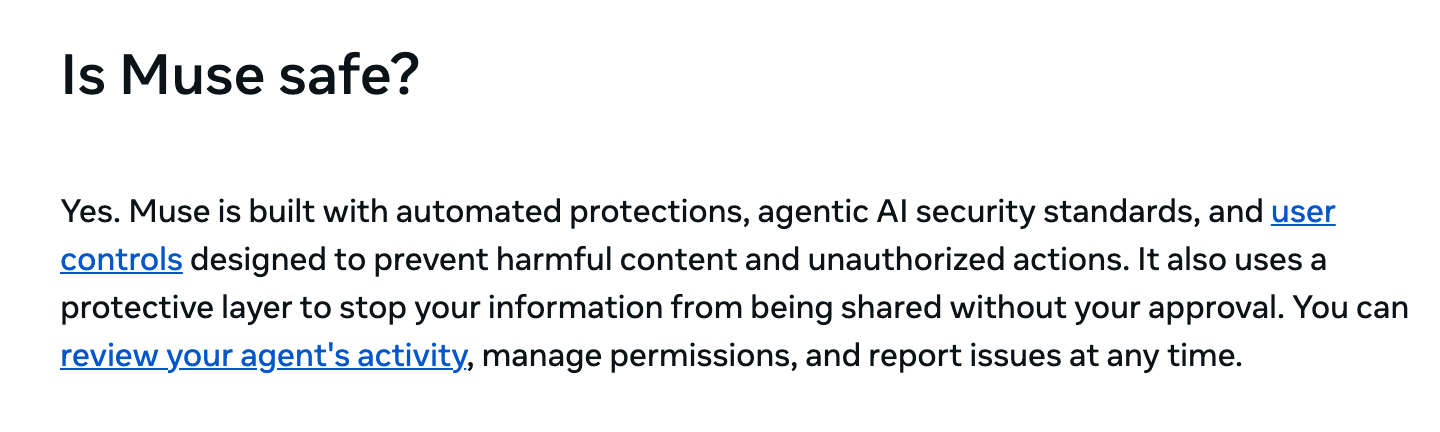 Meta's FAQ entry Is Muse safe?, answering Yes and citing automated protections, security standards, user controls and activity review