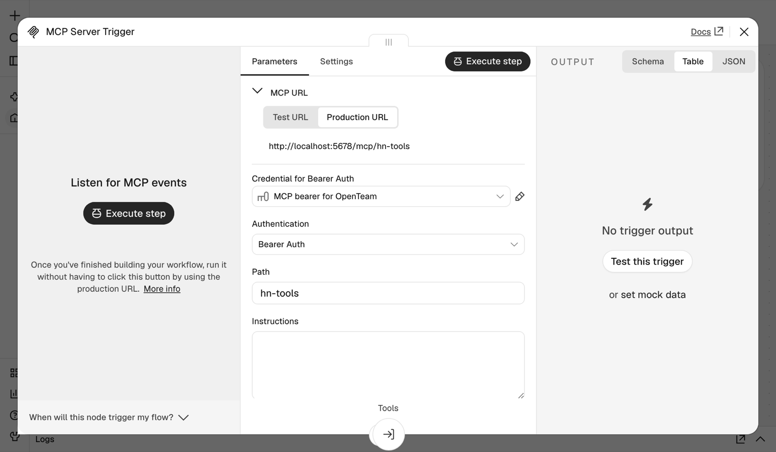 The n8n MCP Server Trigger settings: the Production URL tab showing a /mcp/hn-tools address, Bearer Auth with a saved credential, and the path hn-tools