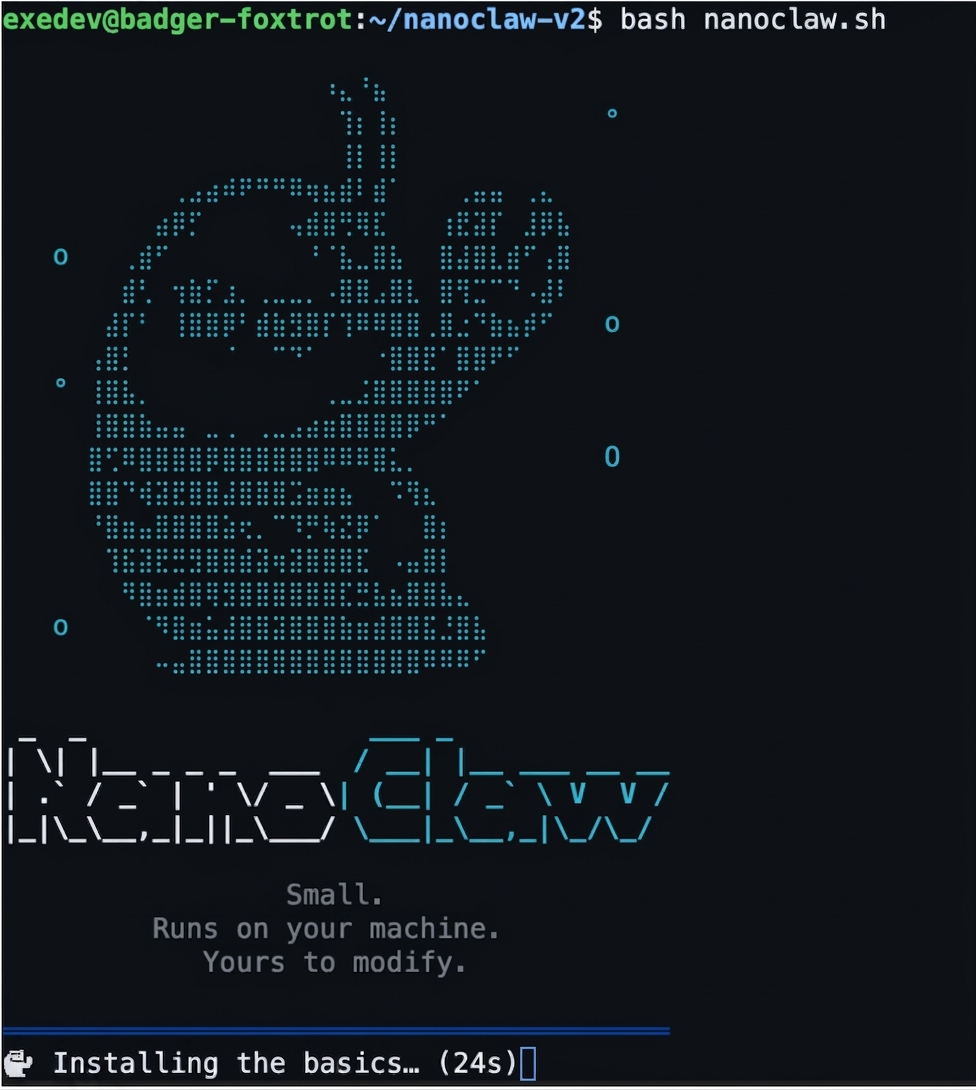 The NanoClaw installer in a terminal, showing an ASCII-art mascot and the tagline Small. Runs on your machine. Yours to modify.