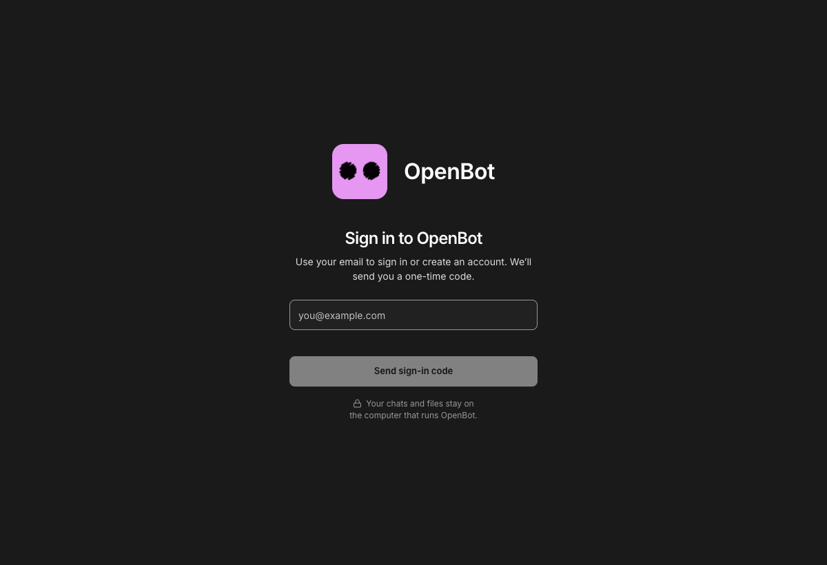The nightly-labs OpenBot app's first screen, Sign in to OpenBot, asking for an email address to receive a one-time code