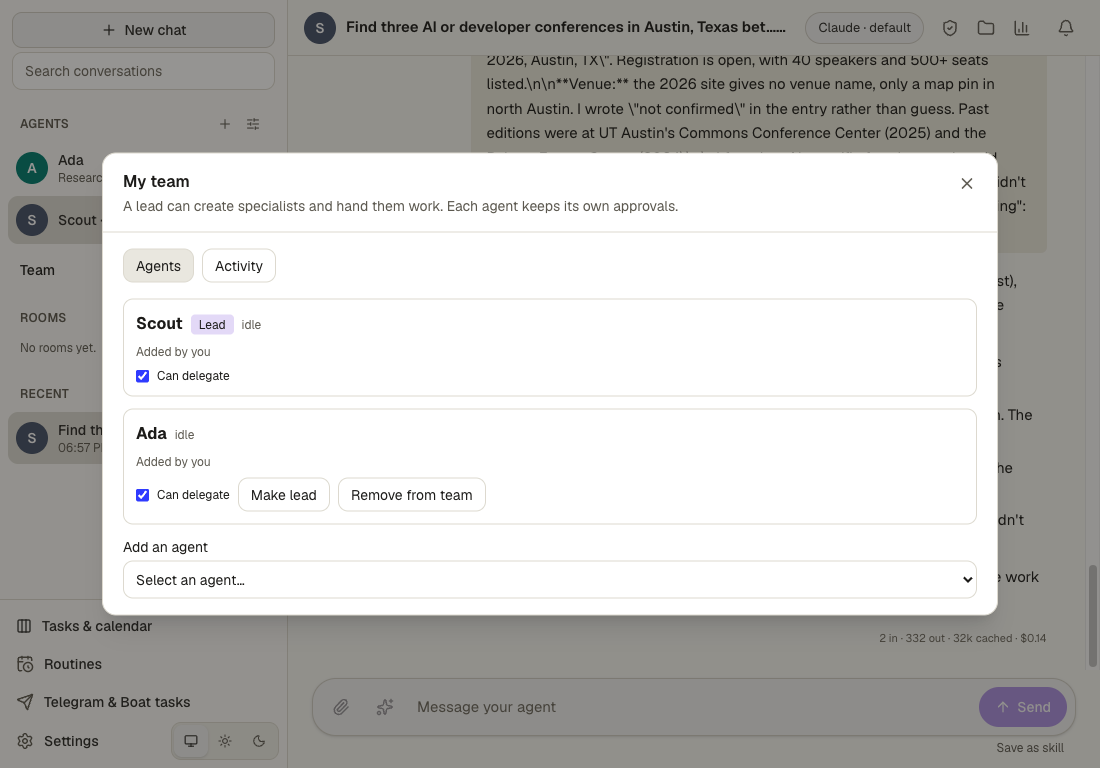 Open Duet's My team panel listing Scout as Lead and Ada, both able to delegate, over Scout's conversation