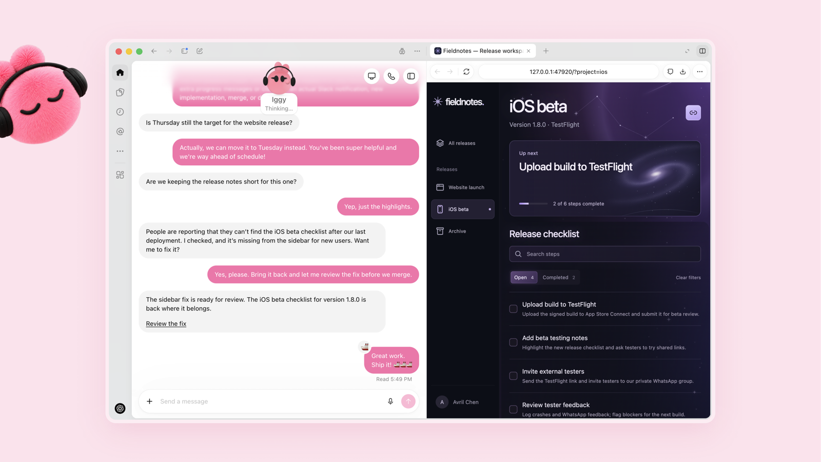A dot offering to fix a bug in chat while its cloud browser shows a release workspace