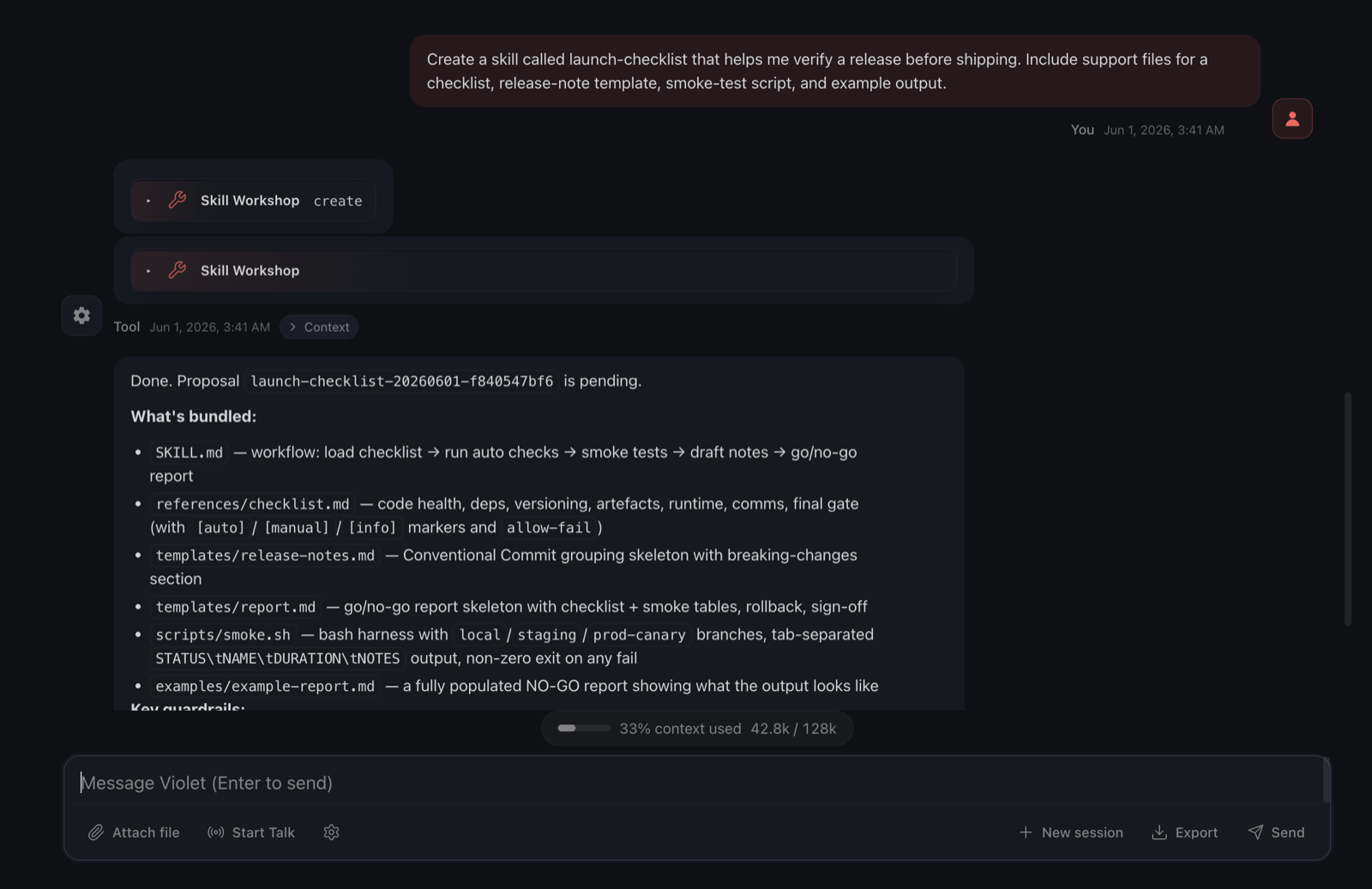 OpenClaw's chat, where a user asks the agent to create a launch-checklist skill and the Skill Workshop tool shows a pending proposal
