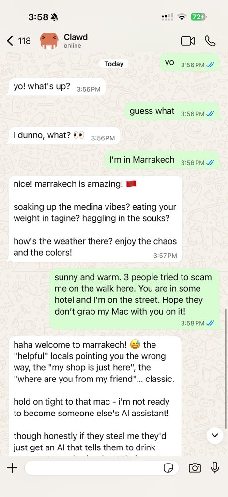 A WhatsApp conversation on an iPhone with the OpenClaw assistant replying to a user
