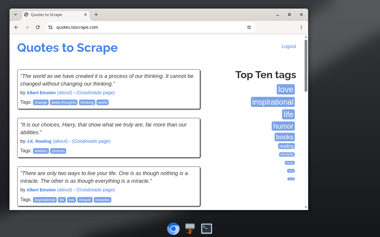 A bot's Linux desktop with Chromium on quotes.toscrape.com, logged in: a Logout link at the top right and a Goodreads page link next to each author