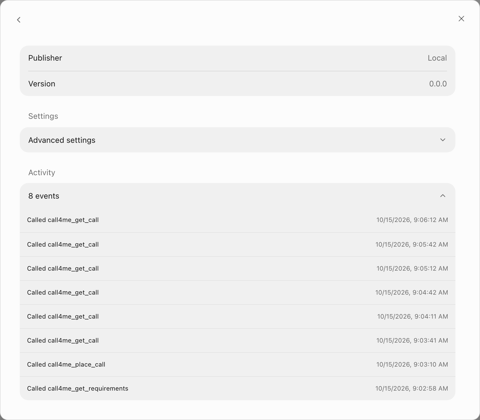 The call4me activity log in OpenTeam showing call4me_get_requirements, call4me_place_call and repeated call4me_get_call polls 30 seconds apart
