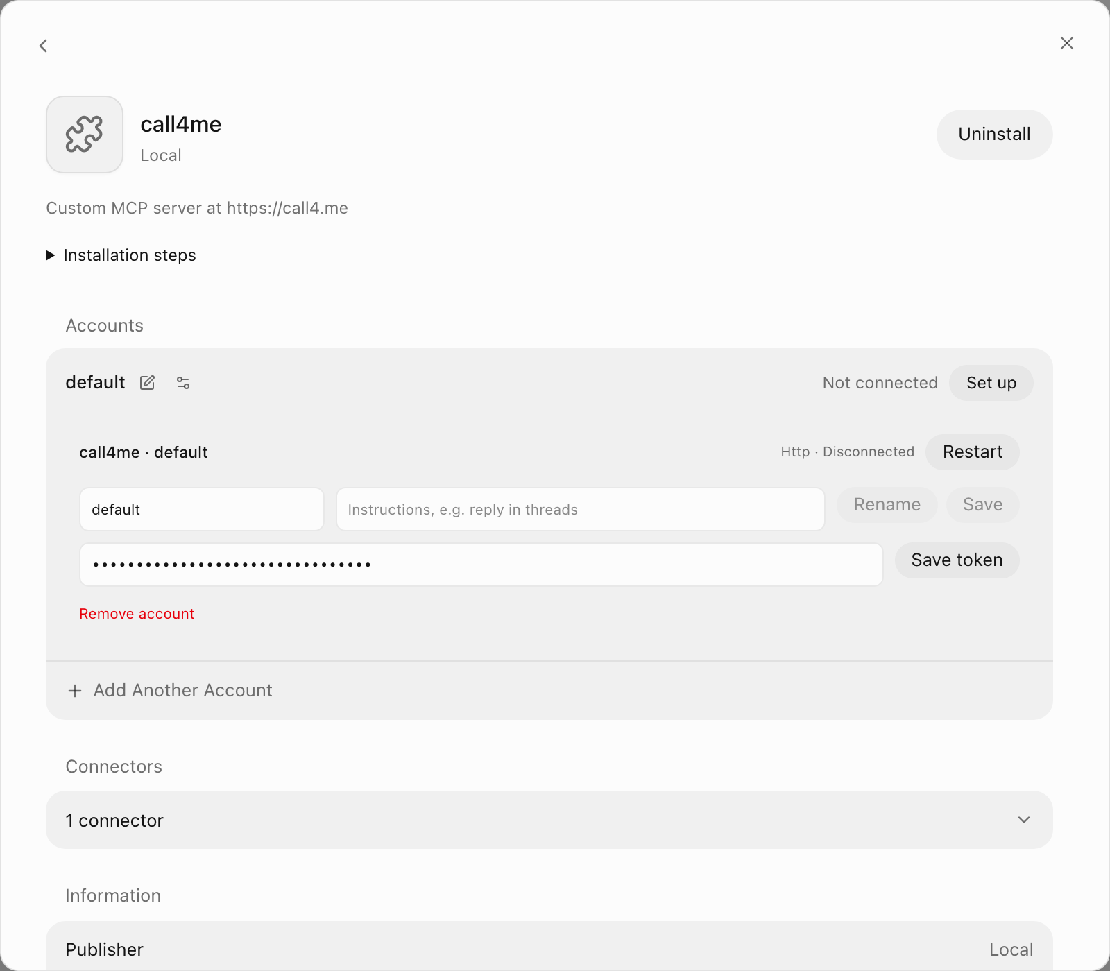 The call4me account settings in OpenTeam with the API key pasted into the Bearer token field