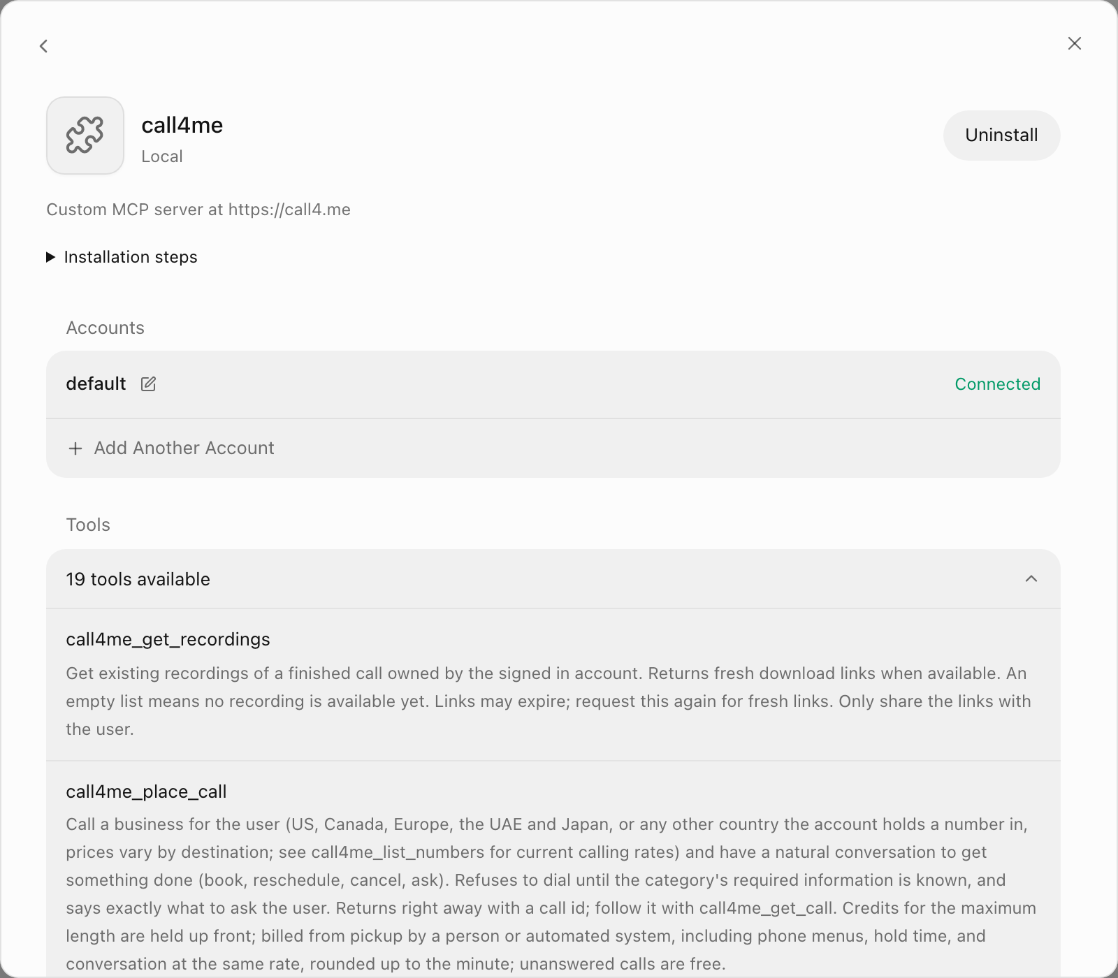 The call4me plugin page in OpenTeam with a connected account and its list of call4me tools