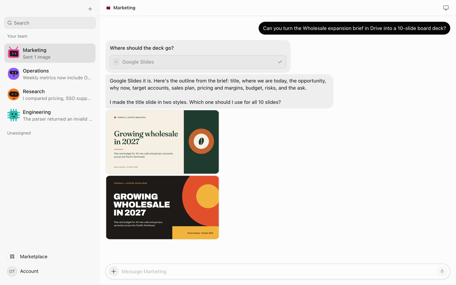 An OpenTeam chat where a bot shows two title-slide designs for a coffee roaster's deck, one cream and green, one dark with orange type