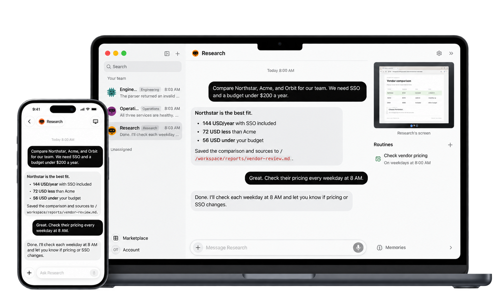 The OpenTeam Mac and iPhone apps showing the same conversation