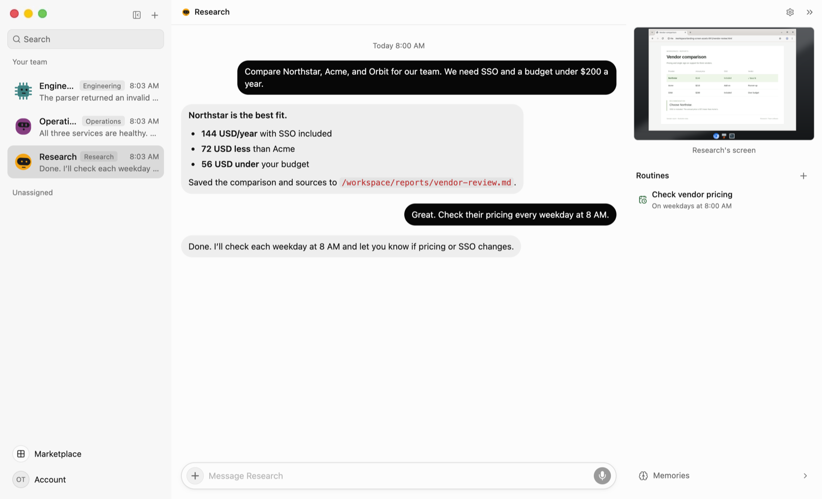 The OpenTeam macOS app with a Research bot's chat, a live preview of its screen and a weekday routine