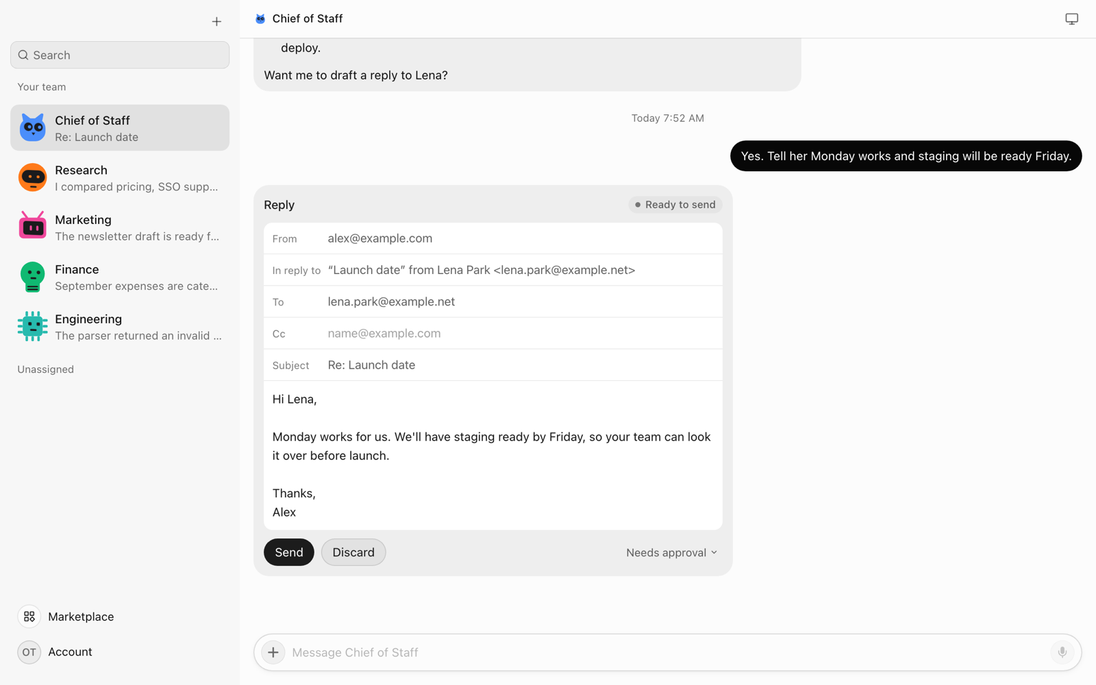 An OpenTeam Gmail reply card in a Chief of Staff chat, showing From, In reply to, To, Cc and Subject fields, a short reply to Lena Park, and Send and Discard buttons