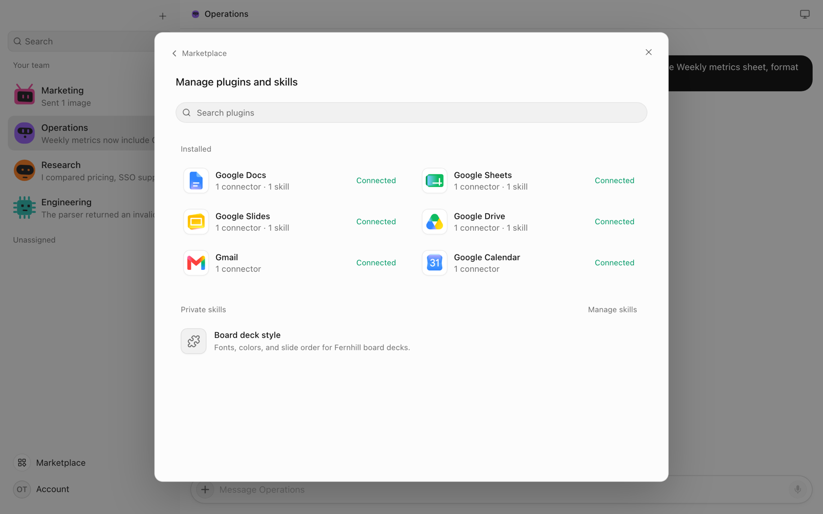 OpenTeam's plugin manager listing Google Docs, Sheets, Slides, Drive, Gmail and Calendar, all connected