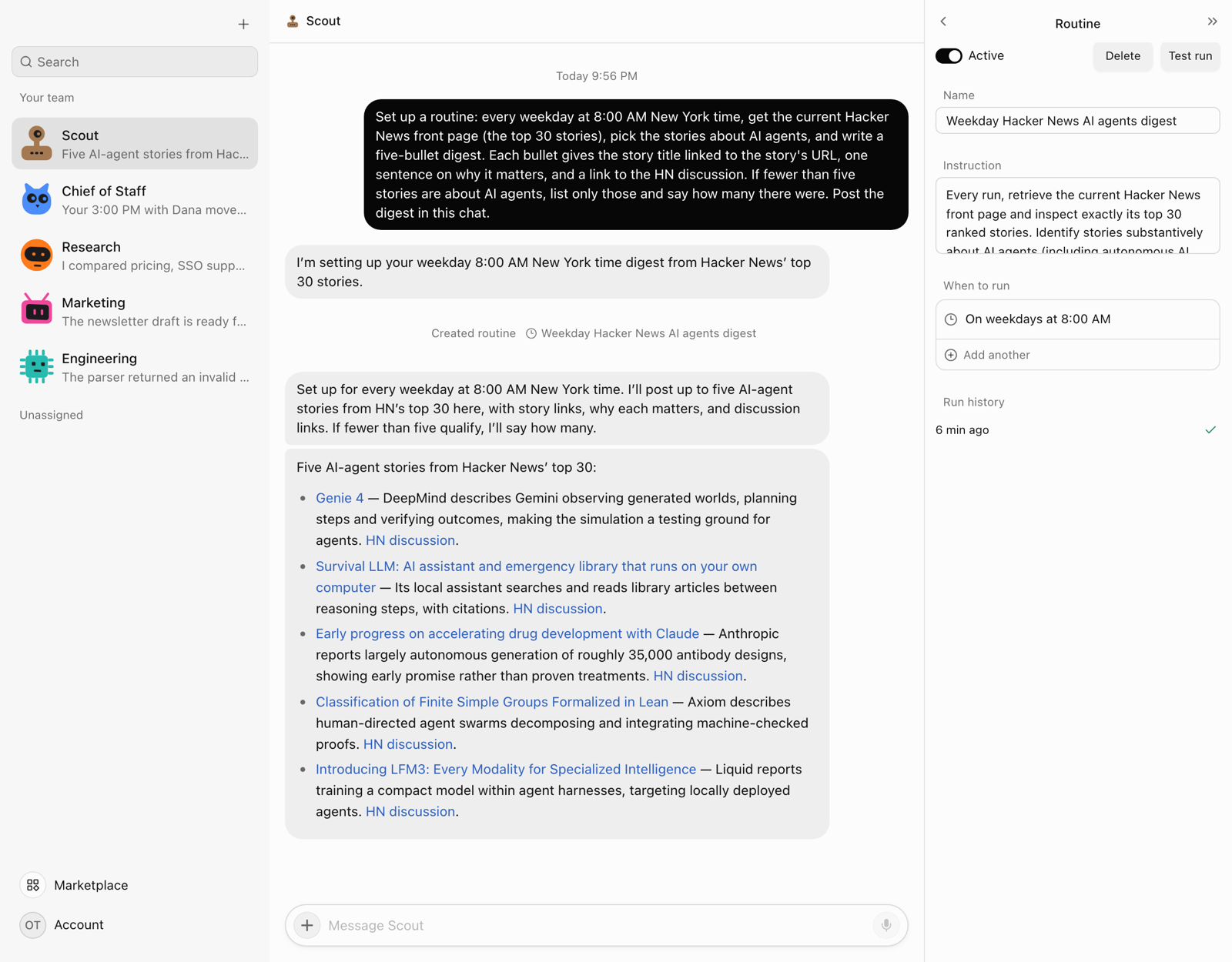 The OpenTeam desktop app: Scout's chat with the routine request, a Created routine line and a five-bullet digest, beside a Routine panel showing On weekdays at 8:00 AM and one successful run