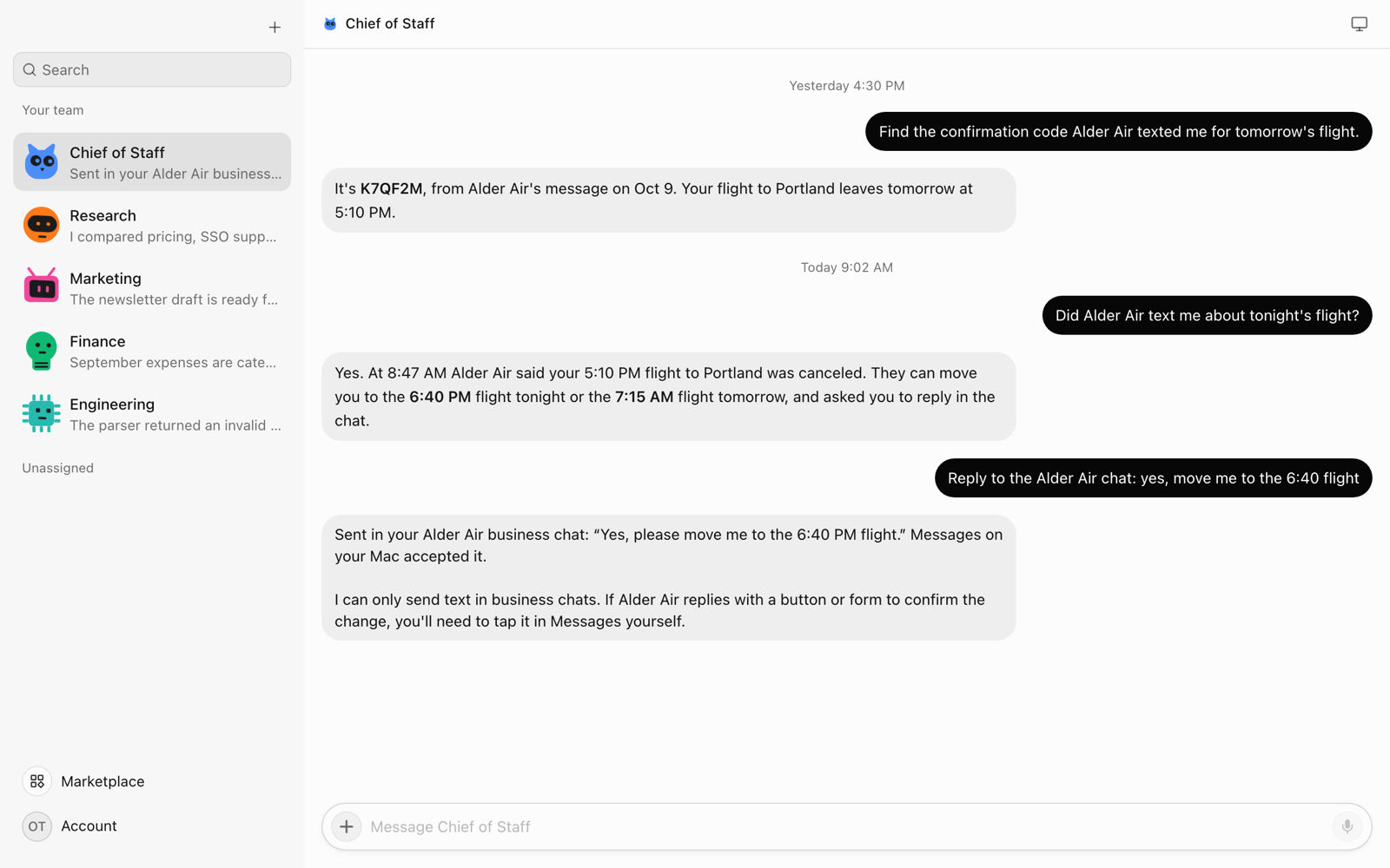 An OpenTeam chat where a bot finds that a fictional airline, Alder Air, canceled a flight, then replies in the Alder Air business chat to accept the 6:40 PM alternative