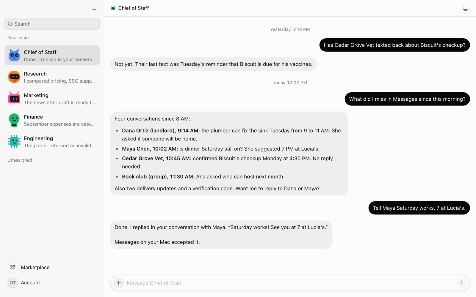 An OpenTeam chat where the Chief of Staff bot lists four conversations since 8 AM, then replies to Maya that Saturday at 7 at Lucia's works