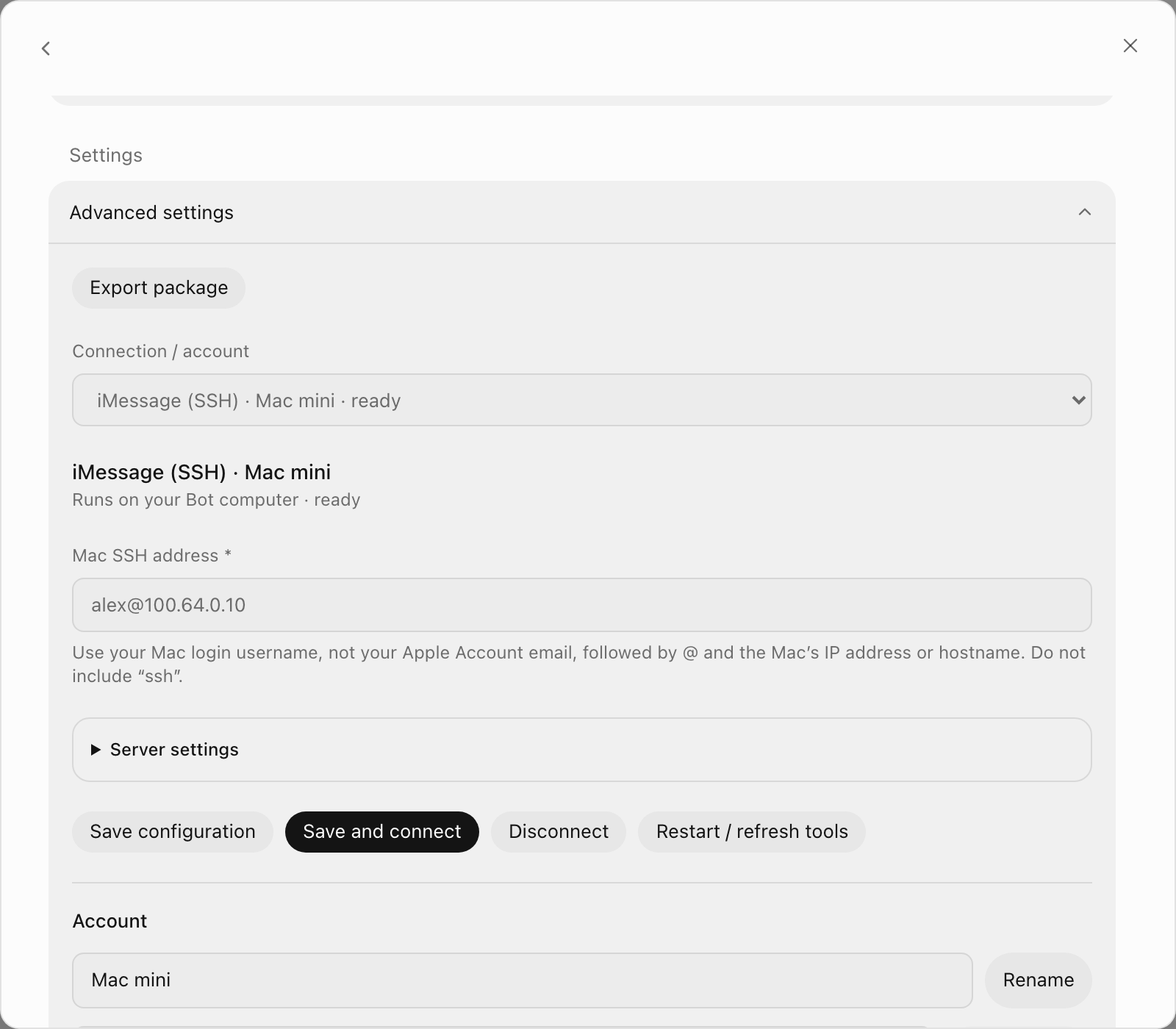 The iMessage (SSH) plugin's account settings in OpenTeam, showing a ready Mac mini connection and the Mac SSH address alex@100.64.0.10