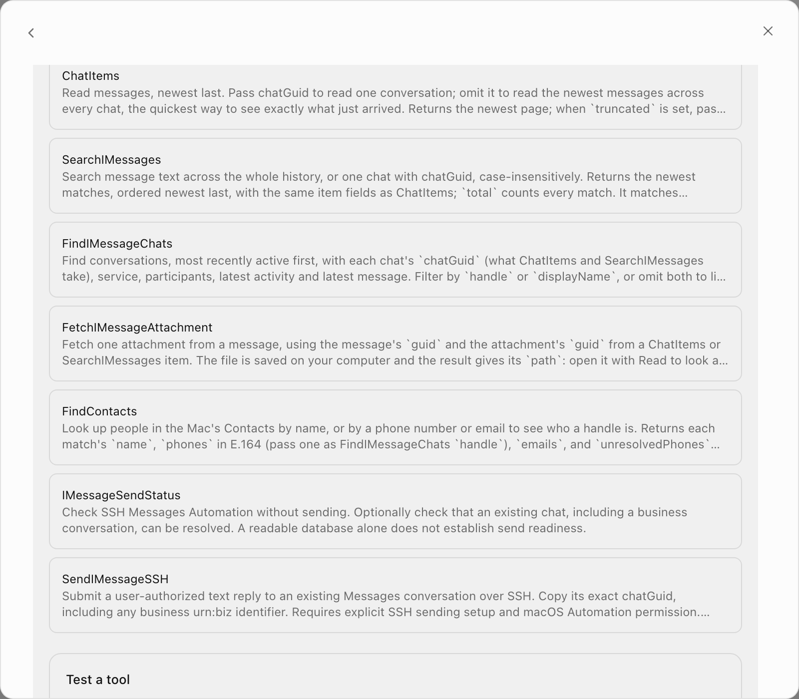 The iMessage (SSH) plugin's tool list in OpenTeam, with the read tools followed by the sending tools IMessageSendStatus and SendIMessageSSH