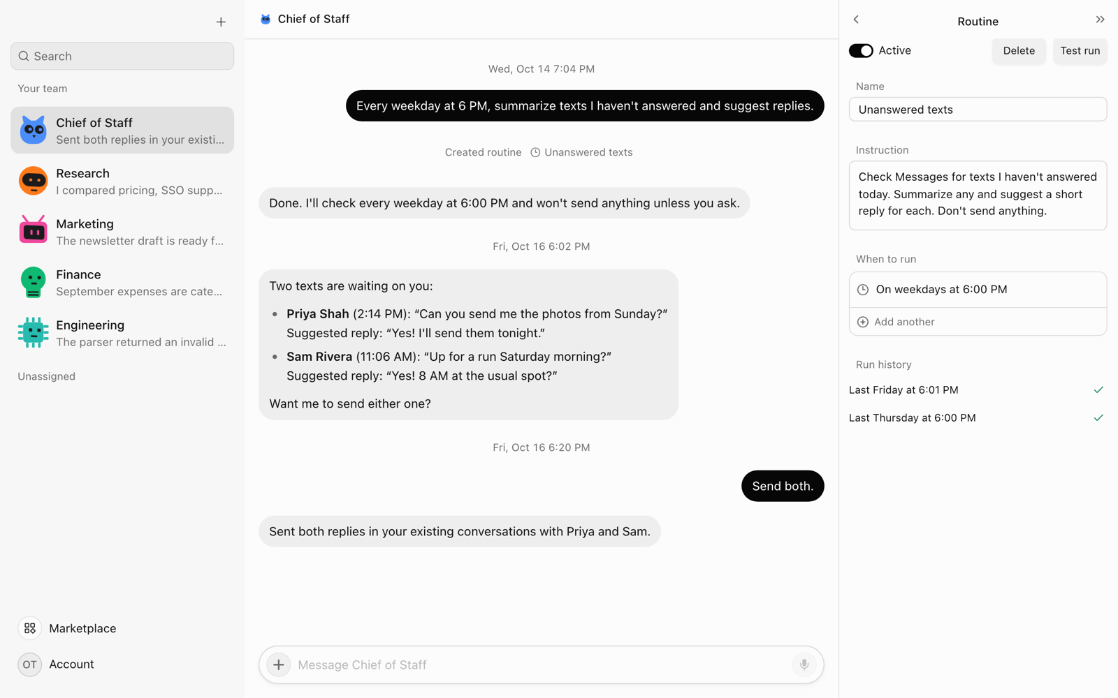 An OpenTeam chat beside a routine panel: Unanswered texts runs on weekdays at 6:00 PM, lists two waiting texts with suggested replies, and the user answers Send both