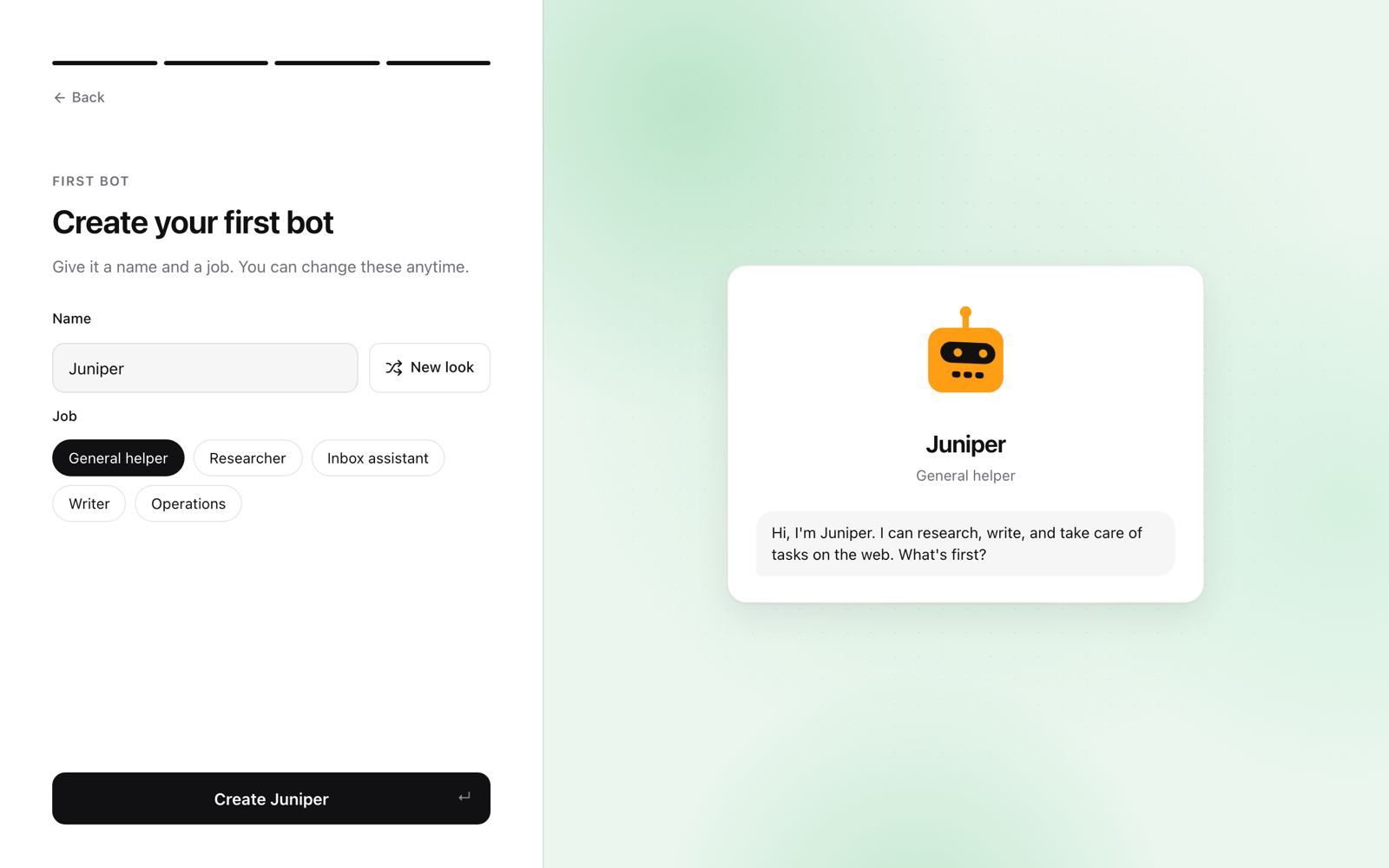 The OpenTeam desktop app's Create your first bot screen, with a bot named Juniper, the General helper job selected, and a preview of its greeting