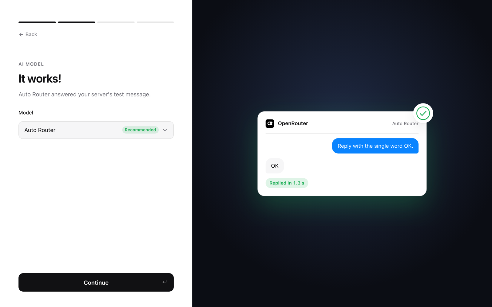 The OpenTeam desktop app reading It works!: OpenRouter's Auto Router answered the server's test message with OK in 1.3 seconds, with Auto Router selected and marked Recommended in the model menu