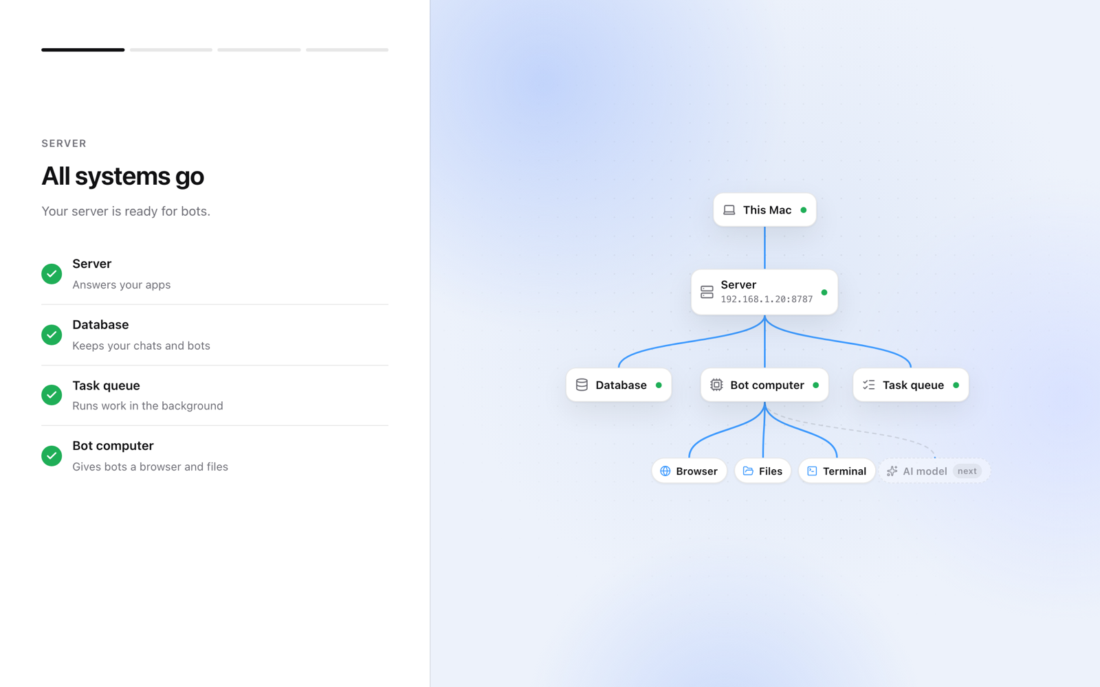 The OpenTeam desktop app's server check reading All systems go: server, database, task queue and bot computer are ready, drawn as a graph from This Mac to the server at 192.168.1.20:8787