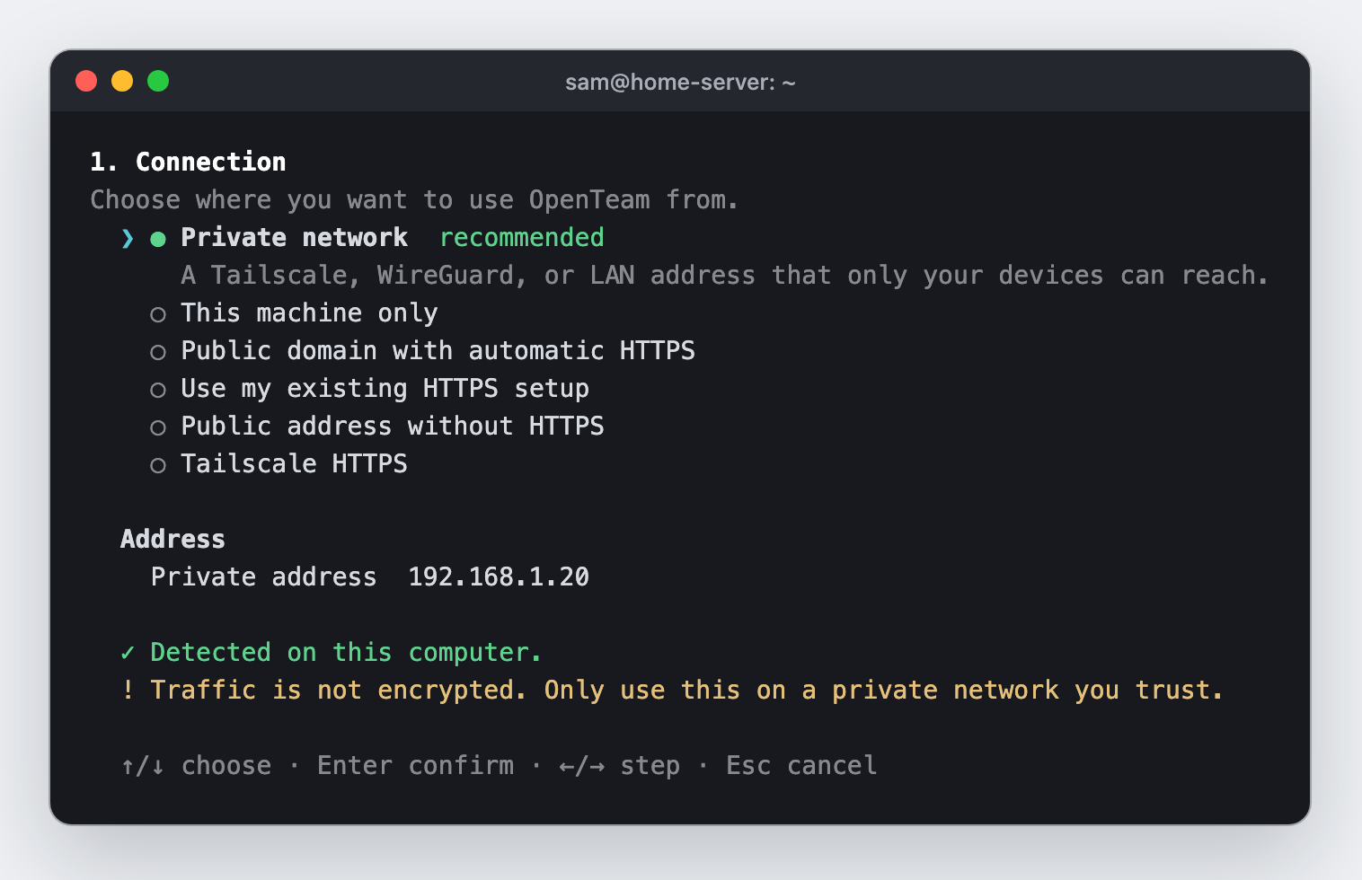 OpenTeam's terminal setup on the Connection step, with Private network selected and recommended, the detected private address 192.168.1.20, and a warning that the traffic isn't encrypted