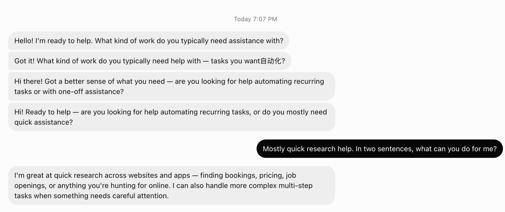 An OpenTeam chat where a bot sends four near-identical greetings, one containing a Chinese word, then answers a question about research help in two sentences