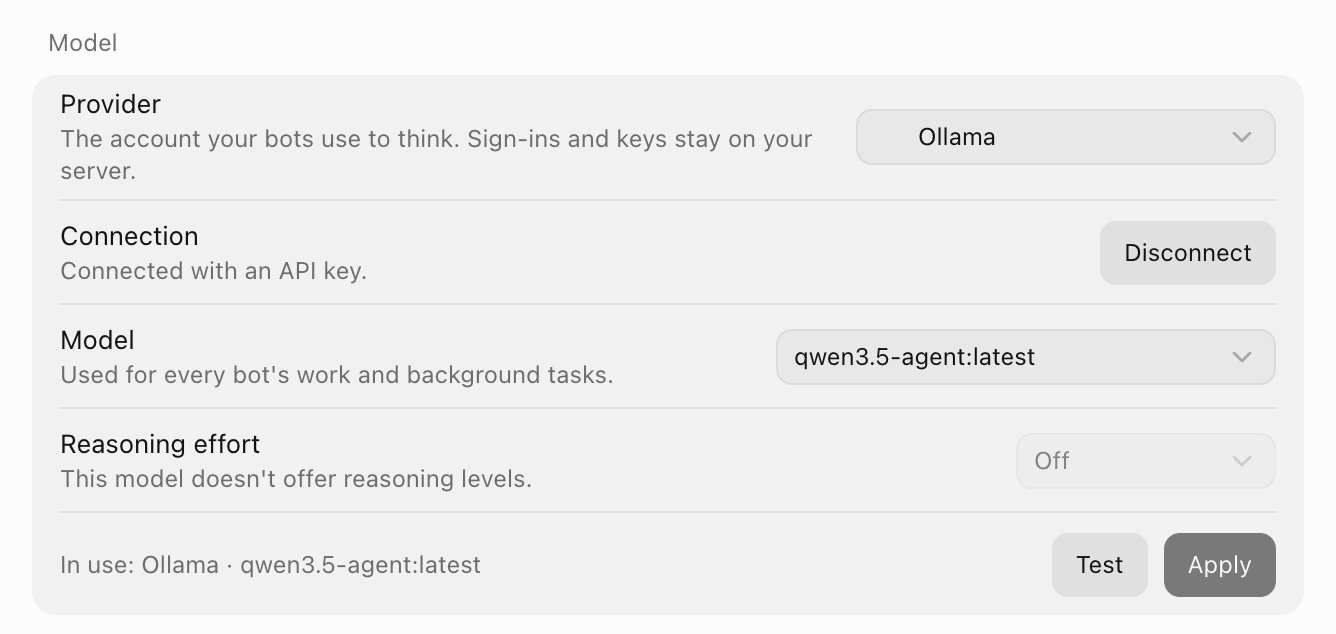 OpenTeam's Model settings with Ollama as the provider, the model qwen3.5-agent:latest, reasoning effort Off, and Test and Apply buttons